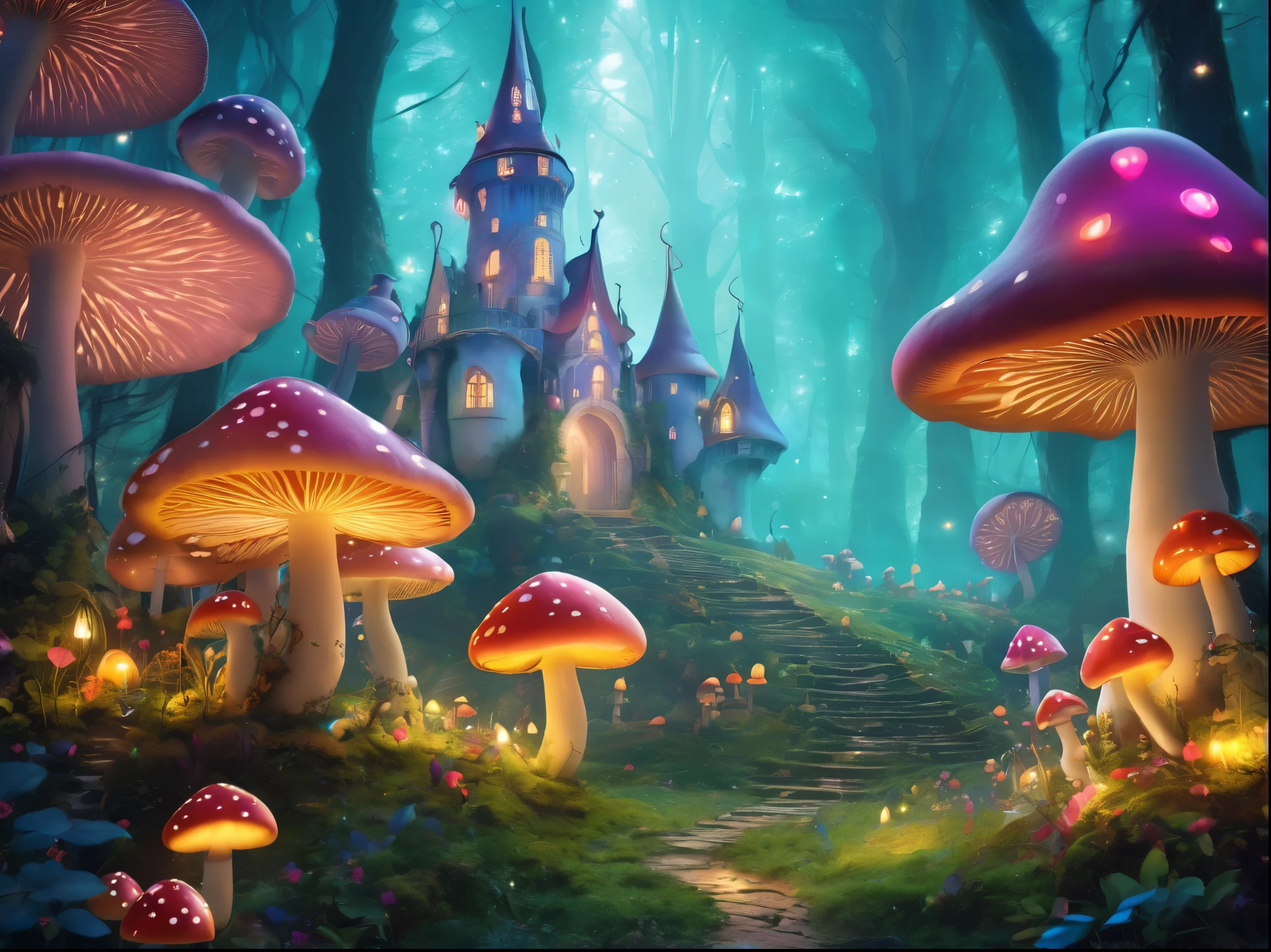 Dreamy and magical, Atmospheric, Obsessed, A dream forest made up of mushrooms, There is a mysterious castle in the forest,There are mushrooms and magic in every color everywhere, Ethereal elves, glowing neon lights, Magical creatures roam the mushroom jungle, mysterious atmosphere, whimsical charm, bright colors, dreamy atmosphere, Mysterious creature, glow elf, charming scenery, magical light, Enchanting mushroom forest, charming light, Fantasy realm, otherworldly beauty, magical light环, charming charm, Ethereal charm, Charming elves, Energetic和超现实, Glowing Mushroom,A mysterious castle,surreal dreamscape, Mystic energy, Field of magic, Enchanting mushroom forest, charming and magical, flash, dreamy atmosphere, fantastic scenery, Whimsical Mushroom City, stunning scenery, Glamorous spirits, attractive beauty, Ethereal charm, whimsically,Energetic, otherworldly realm, A brightly lit wonderland.