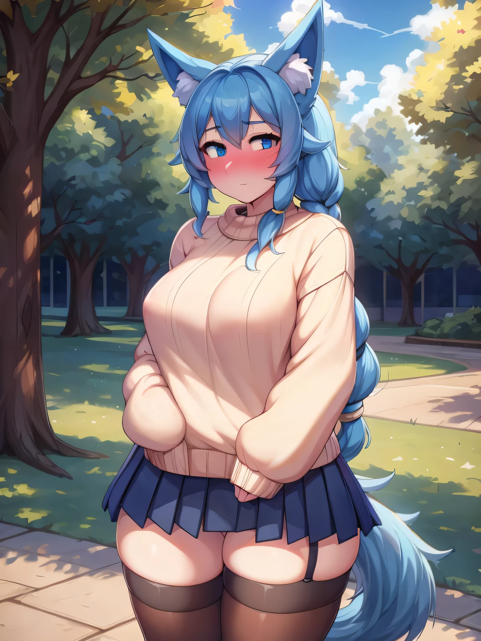 (Masterpiece) (High Detail) (High Res) A Short slim Humanoid Girl with pale human skin and blue eyes and long blue hair in a braid and blue dog ears and a fluffy blue dog tail and medium breasts. She is stood in the park and is wearing a cream coloured oversized sweater jumper and a navy pleated skirt and stockings. She is blushing slightly.