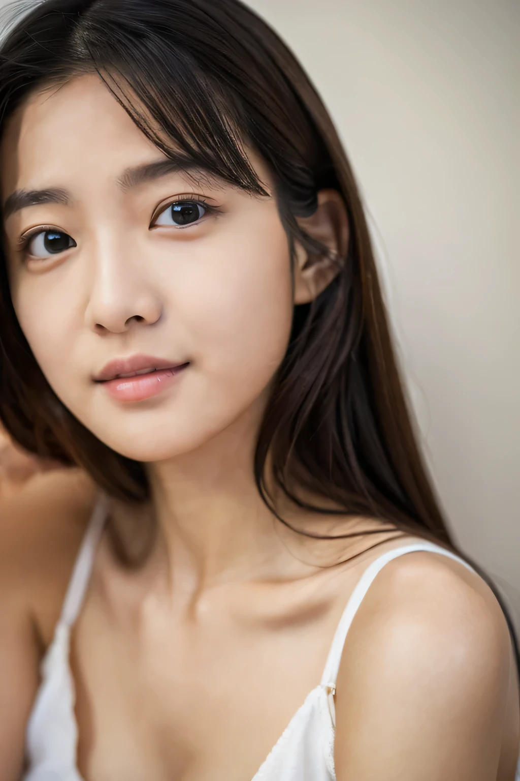 masterpiece, highest quality, Photoreal, Super detailed, finely, High resolution, 8k wallpaper, Professional, Advanced level of detail, girl in her 20s, thin japanese woman, ((facing the front)), detailed clavicle, perfect face, straight hair, Pose applying lotion