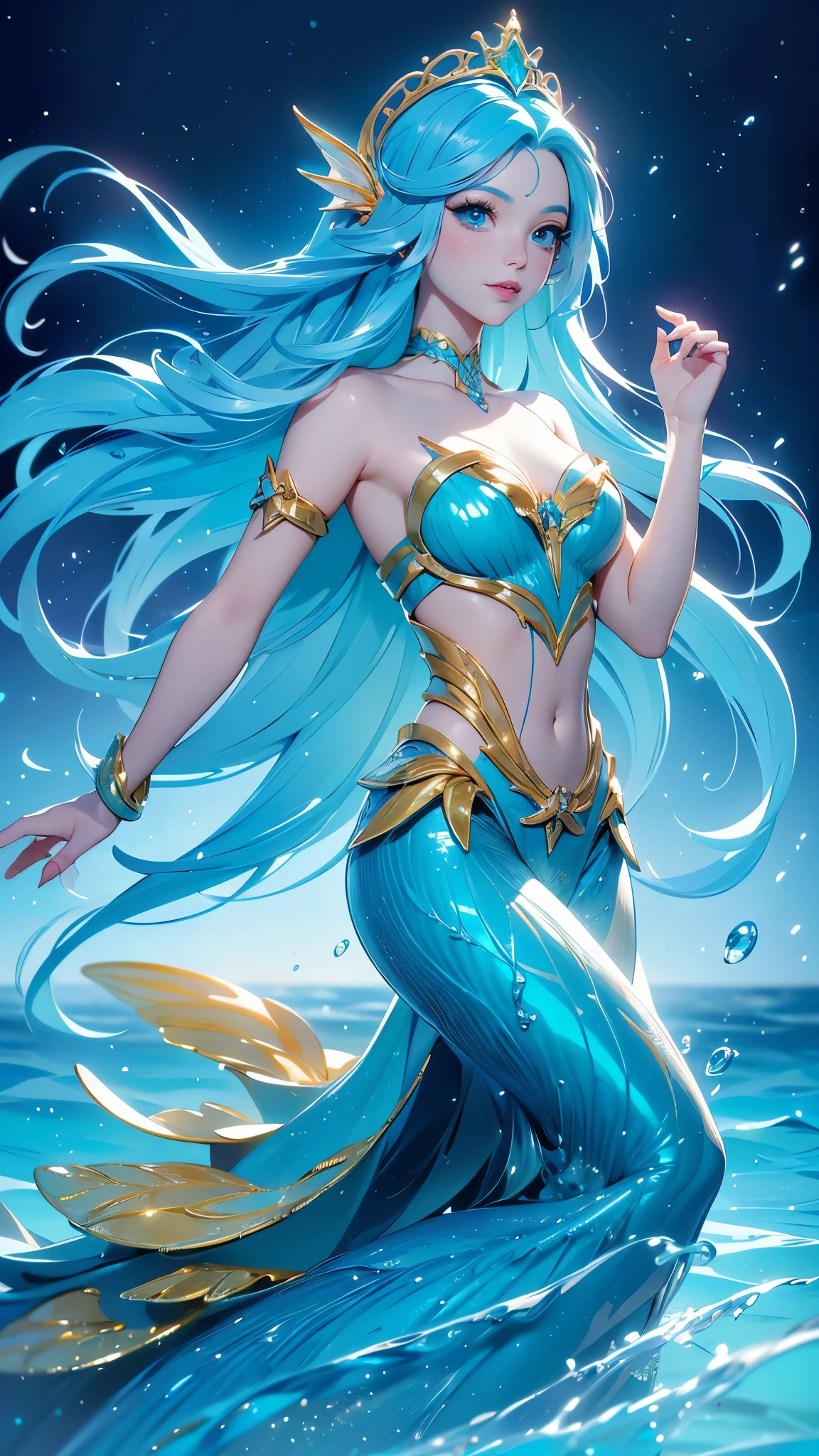 (La mejor calidad,A high resolution,Ultra - detallado,actual), Ariel a cartoon sirena with blue hair and a gold crown is swimming in the ocean, Anime de arte salpicado , diosa del mar,( ocean goddess) , marin kitagawa fan art, arte oficial, fondos de pantalla anime azul agua, sirena, high detailed arte oficialwork, anime fantasy illustration, arte oficialwork, Arte detallado de alta calidad 8k, (beautiful sirena ariel:1.4) , arte de anime digital detallado, (fondo bajo el mar dentro el agua:1.4), 