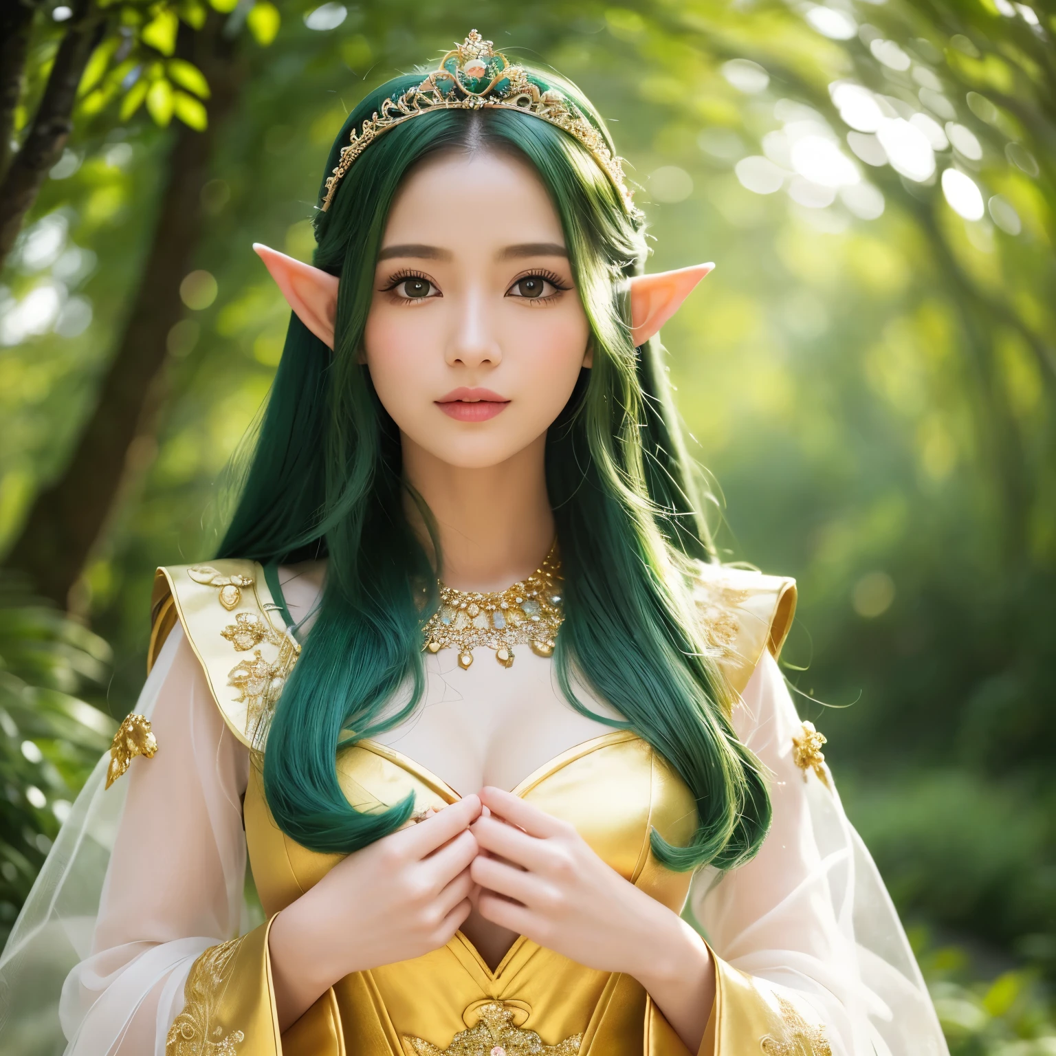 (masterpiece、highest quality、Highest image quality、8K、Award-winning work、Ultra high definition)、(one gorgeous elf princess:1.1)、(A number of intricately detailed dresses and ornaments々:1.1)、(She wears countless ornaments that are elaborately detailed.:1.1)、(A large amount of princess accessories with very elaborate details:1.1)、(perfect pointy elf ears:1.1)、Reveal pointy elf ears、(The Most Sacred Princess Dresses:1.1)、(The most noble and luxurious elf princess dress:1.1)、(expose one's shoulders:1.1)、(Beautiful oversized sleeves with transparent top quality:1.1)、(The most luxurious and highest quality giant tiara:1.1)、(The most luxurious and highest quality giant necklace:1.1)、(close up of face:1.3)、(the most beautiful princess hairstyle:1.1)、green hair、(The background is a gorgeous sacred forest:1.1)、The dress is based on green and white and has gold decorations.、(Fairy tale brilliance:1.1)、(Microscopic particles in the air sparkle in a complex yellow-green color.:1.2)、(Tyndall effect:1.1)、fairy tale atmosphere、fantasy、sacred and noble elf、Accurately recreate every detail of the perfect elf princess、The most complex and detailed forest、(yellow-green fog:1.1)、blurred background、(Filled with Divine Light:1.1)、beautiful sunlight filtering through the foliage、beautiful lush tree々、A forest illuminated by sacred green light、great movie lighting、smile looking at me、the most luxurious and intricate dresses、slender body、small cleavage、emphasize body line、accurate anatomy、perfect makeup、(鮮やかな黄緑に輝くUltra high definitionの瞳:1.1)、(very bright and vivid:1.1)、Green Eyeshadow、Ultra high definitionの美しい瞳、Ultra high definitionの艶のある肌、Beautiful skin that shines brightly、Ultra high definitionの艶のある美肌、Ultra high definitionの艶のある美しい髪の毛、Ultra high definitionの美しい歯、Stand upright facing the front