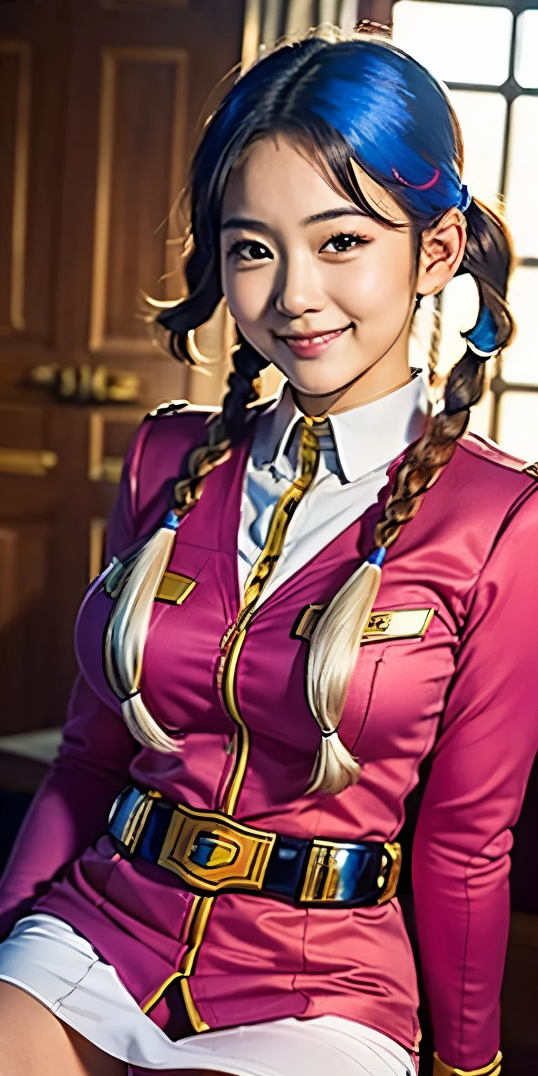 (8K、Raw photography、highest quality、masterpiece:1.2),(bright hair、braided pigtails:1.7),show viewer,Looking at the front,erotic、spread legs、show white panties,,(super sentai series、wearing federal military costumes.:1.6)、(Clothing that emphasizes the shape of your chest:1.3)、(big breasts :1.3)、slim body shape、ultra high resolution,beautiful,beautiful fece,(alone, alone、no background:1.9),whole bodyボディー,、(black eye、japanese woman: 1.3),(Photoreal:1.37)、beautiful太もも、beautifulパンティ、beautiful膝、photon mapping,reality、(Baby-faced and cute: 1.1)、(cute smile: 1.7)、(With a round face: 1.8)、radio city、Physically based rendering、depth of field rally background、photograph, (I can see your knees,close up of thighs、blue skirt is too short、spread your legs、show off white panties:1.1),whole body、super fine