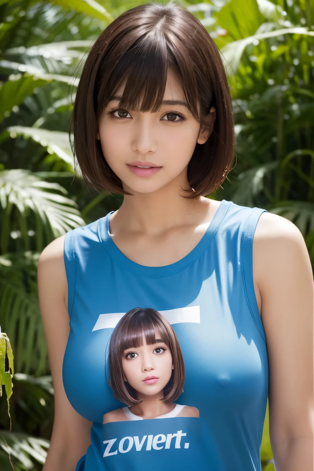 Zaid G, 1 girl, fine skin, looking at the viewer, brown eyes, (short hair with bangs:1.2), (big breasts 1.9), (areola of small degree,:0.8), (realistic:1.4), (highest quality:1.0), (ultra high resolution:1.0), 8K, Raw photo, (masterpiece:0.2), (face to face with the children_V1:0.5)、A girl wearing a sleeveless T-shirt with her face printed on it、T-shirt that gets wet and sticks to your body、(T-shirtをめくりへそと下乳をみせている:1.2)、I can see the nipples