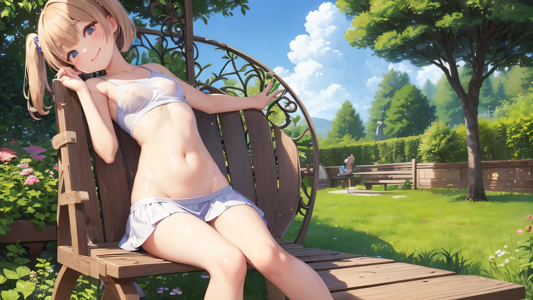 cute woman、cute face、cute smile、 、full body shot、80mm、well-shaped chest、slightly larger breasts、lazy smile、wet t-shirt、prominent nippleini skirt、garden、Squirting、cherry blossoms、Because I'm slender、Beautiful and slim legs、clear white skin、sit on top、