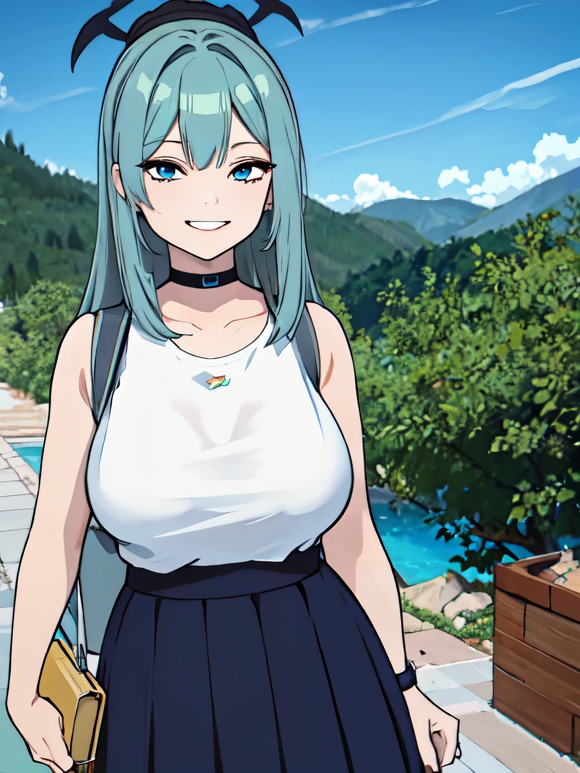 masterpiece, best quality, highres, side view 1girl, short light blue hair, witch, long skirt, black mantle, looking at viewer, ubel, staff, curvy, armpit, smile, mole on face, campus