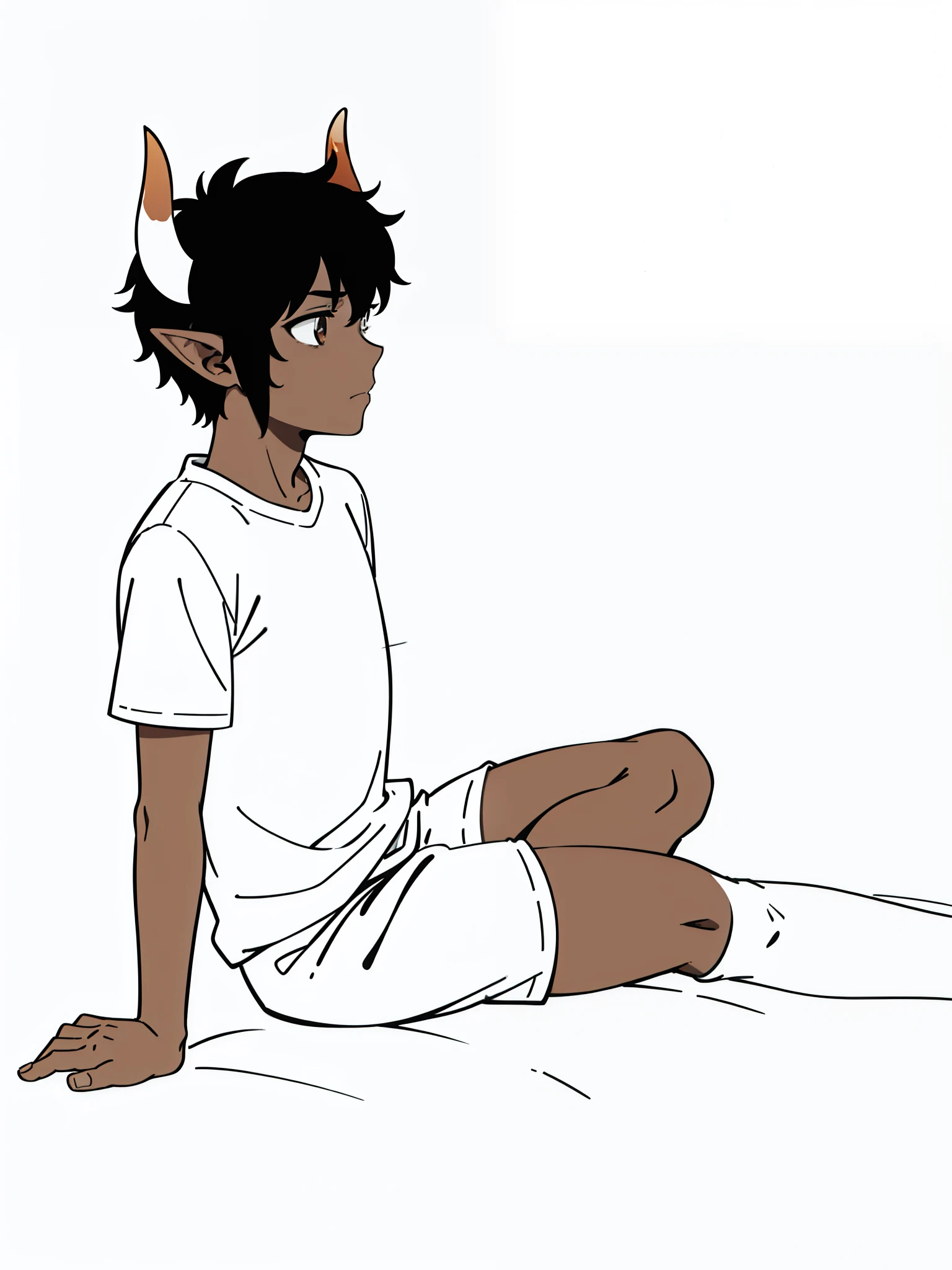 1boy,8 years old,solo,((dark skin)),white shirt,short sleeves,white shorts,black hair,elf ears,(horns),(white background,line drawing),sitting,profile,sad