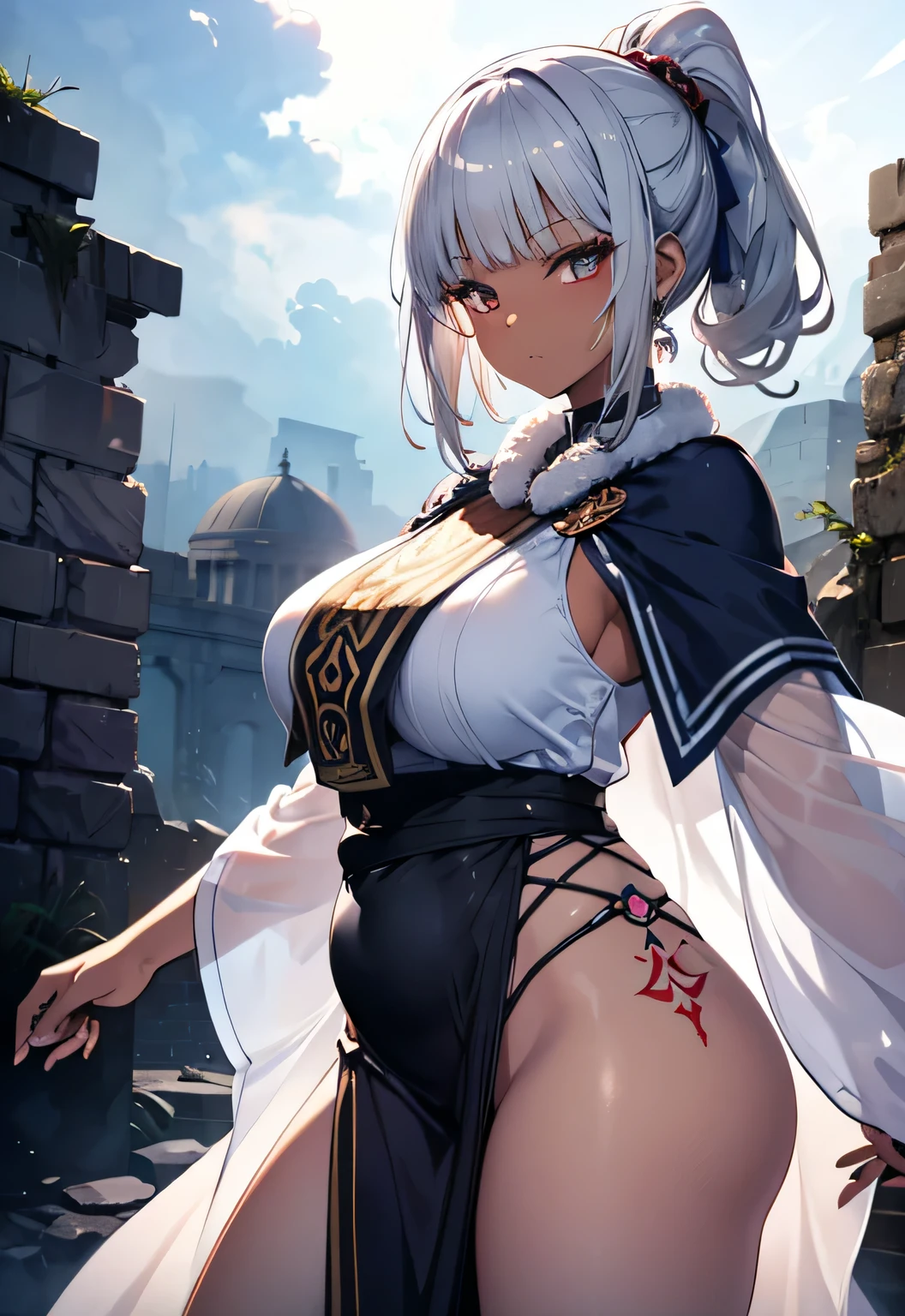 anime illustration、High resolution、fantasy、Dark-skinned plump female shaman、White national costume、perfect proportions、tattoo、gray hair、ancient ruins in the storm、cowboy shot