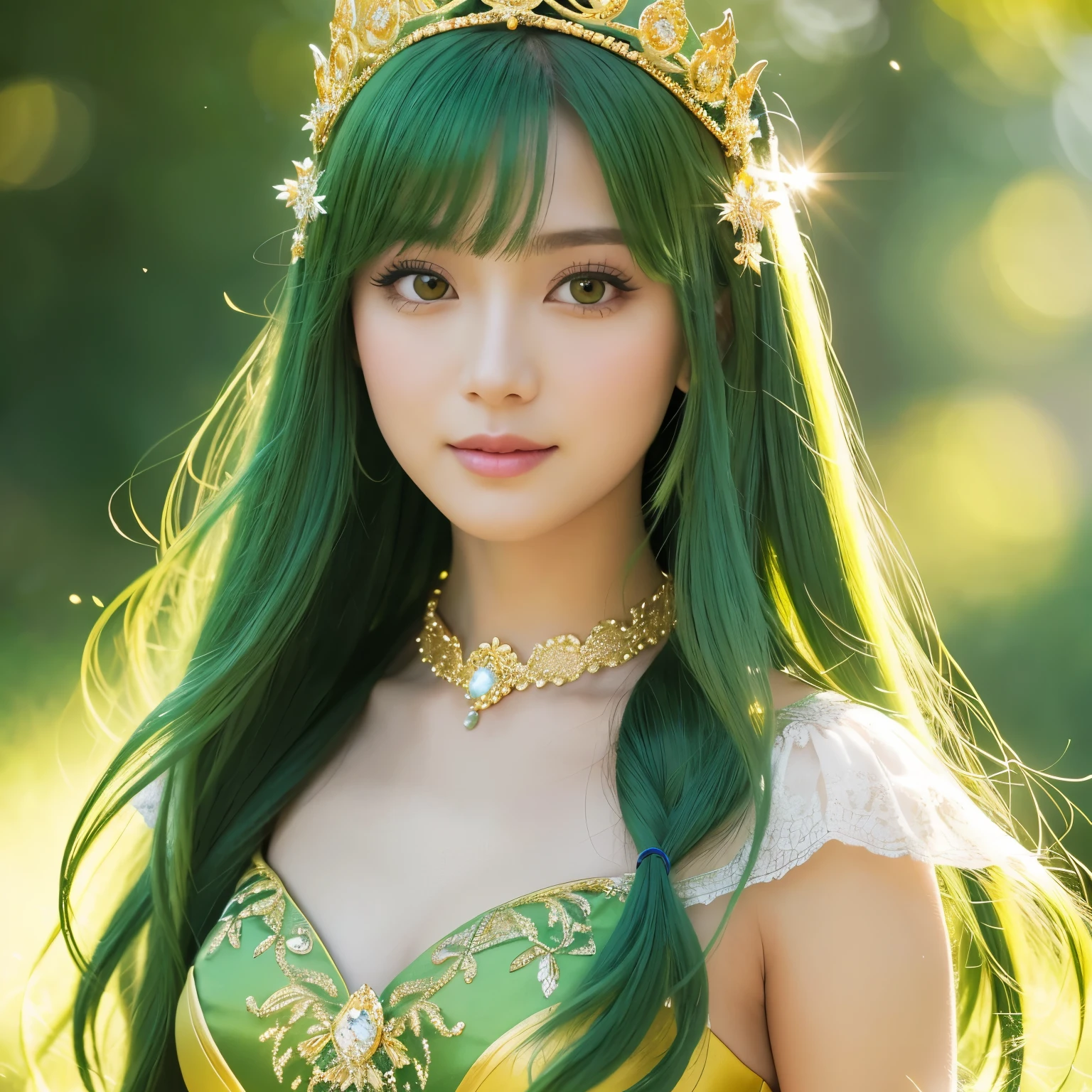 (masterpiece、highest quality、Highest image quality、8K、Award-winning work、Ultra high definition)、one gorgeous elf princess、(A number of intricately detailed dresses and ornaments々:1.1)、(perfect pointy elf ears:1.1)、(The Most Sacred Princess Dresses:1.1)、(The most luxurious and highest quality giant tiara:1.1)、(The most luxurious and highest quality giant necklace:1.1)、(close up of face:1.2)、(the most beautiful princess hairstyle:1.1)、green hair、(The background is a gorgeous sacred forest:1.1)、The dress is based on green and white and has gold decorations.、(Fairy tale brilliance:1.2)、fairy tale atmosphere、fantasy、sacred and noble elf、Accurately recreate every detail of the perfect elf princess、The most complex and detailed forest、(yellow-green fog:1.2)、blurred background、(Filled with Divine Light:1.2)、beautiful sunlight filtering through the foliage、beautiful lush tree々、A forest illuminated by sacred green light、great movie lighting、smile looking at me、the most luxurious and intricate dresses、slender body、emphasize body line、accurate anatomy、perfect makeup、(Bright yellow-green eyes:1.1)、(very bright and vivid:1.1)、Green Eyeshadow、Ultra high definitionの美しい瞳、Ultra high definitionの艶のある肌、Beautiful skin that shines brightly、Ultra high definitionの艶のある美肌、Ultra high definitionの艶のある美しい髪の毛、Ultra high definitionの美しい歯、Stand upright facing the front