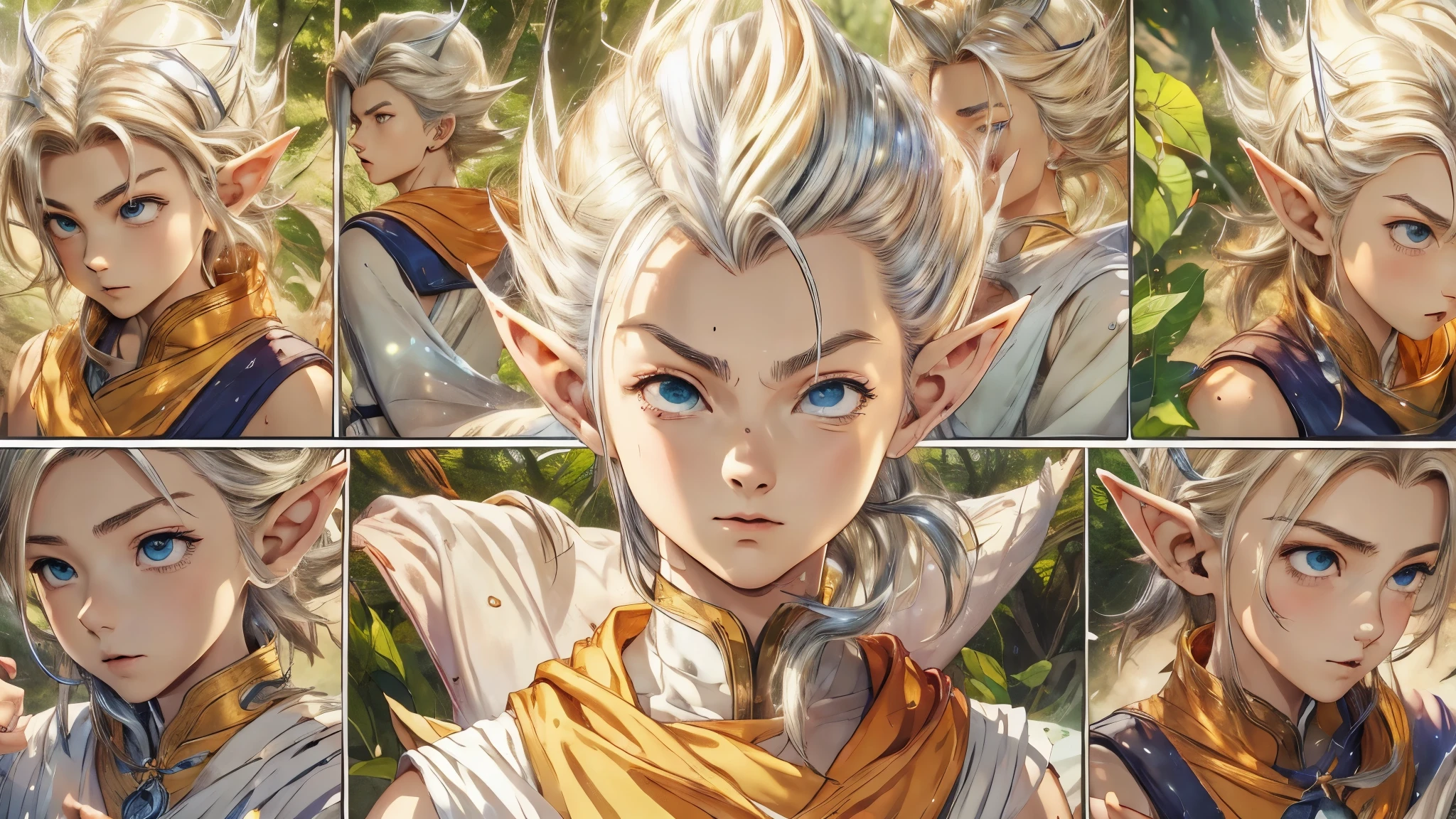 (masterpiece), 8k, best quality, elf boy, naïve, male, teenager, 14 years old, white skin, thin body, pointed elf ears, beautiful finely detailed silver eyes, high forehead, yellow blonde spiky hair like Gohan from the anime dragon ball (super sayajin), Incredibly handsome, calm appearance, happy, conservative elven clothing, walking, in the enchanted forest, talking,