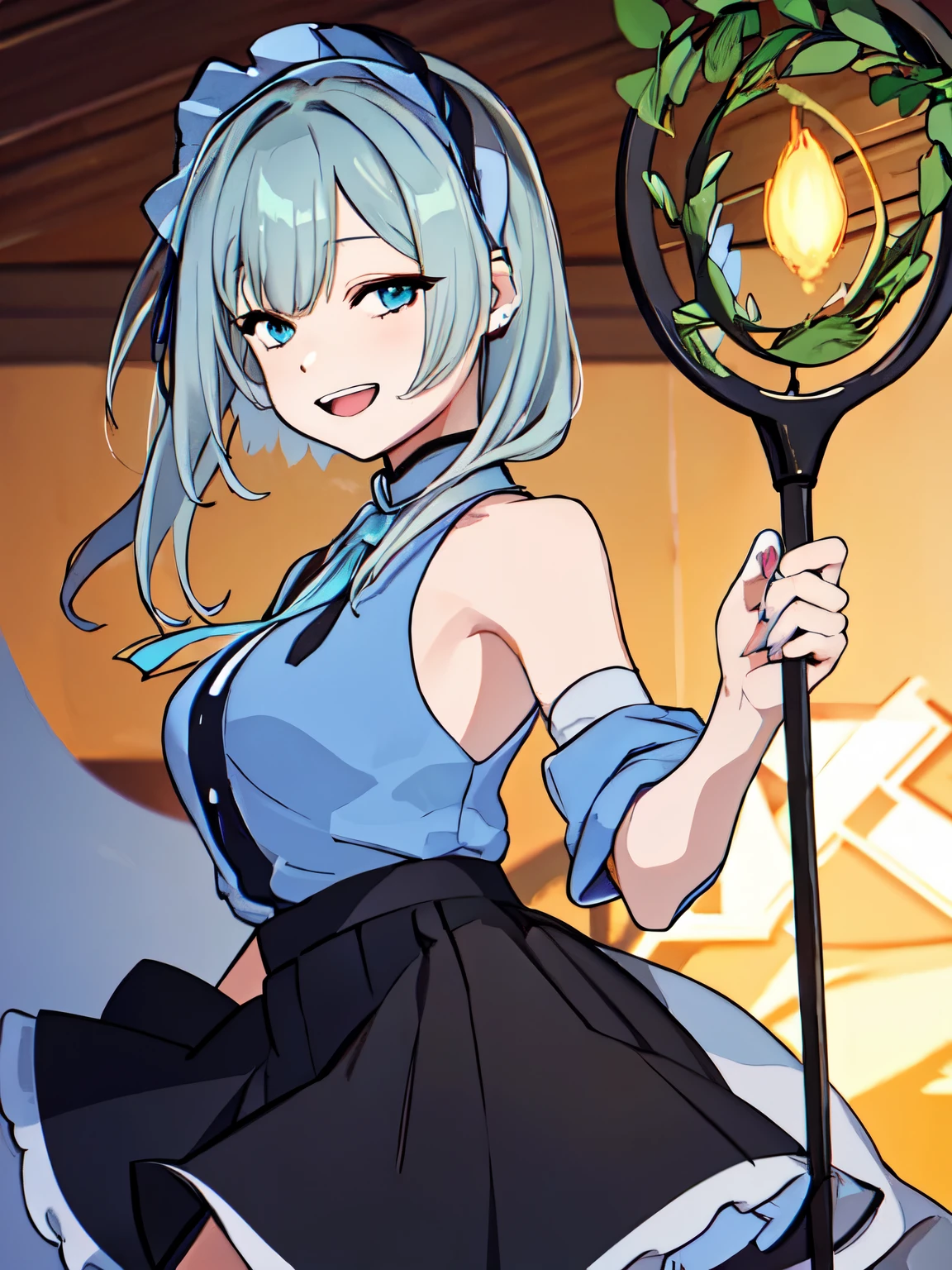 masterpiece, best quality, highres, side view 1girl, short light blue hair, witch, long skirt, black mantle, looking at viewer, ubel, staff, curvy, armpit, smile, mole on face, campus