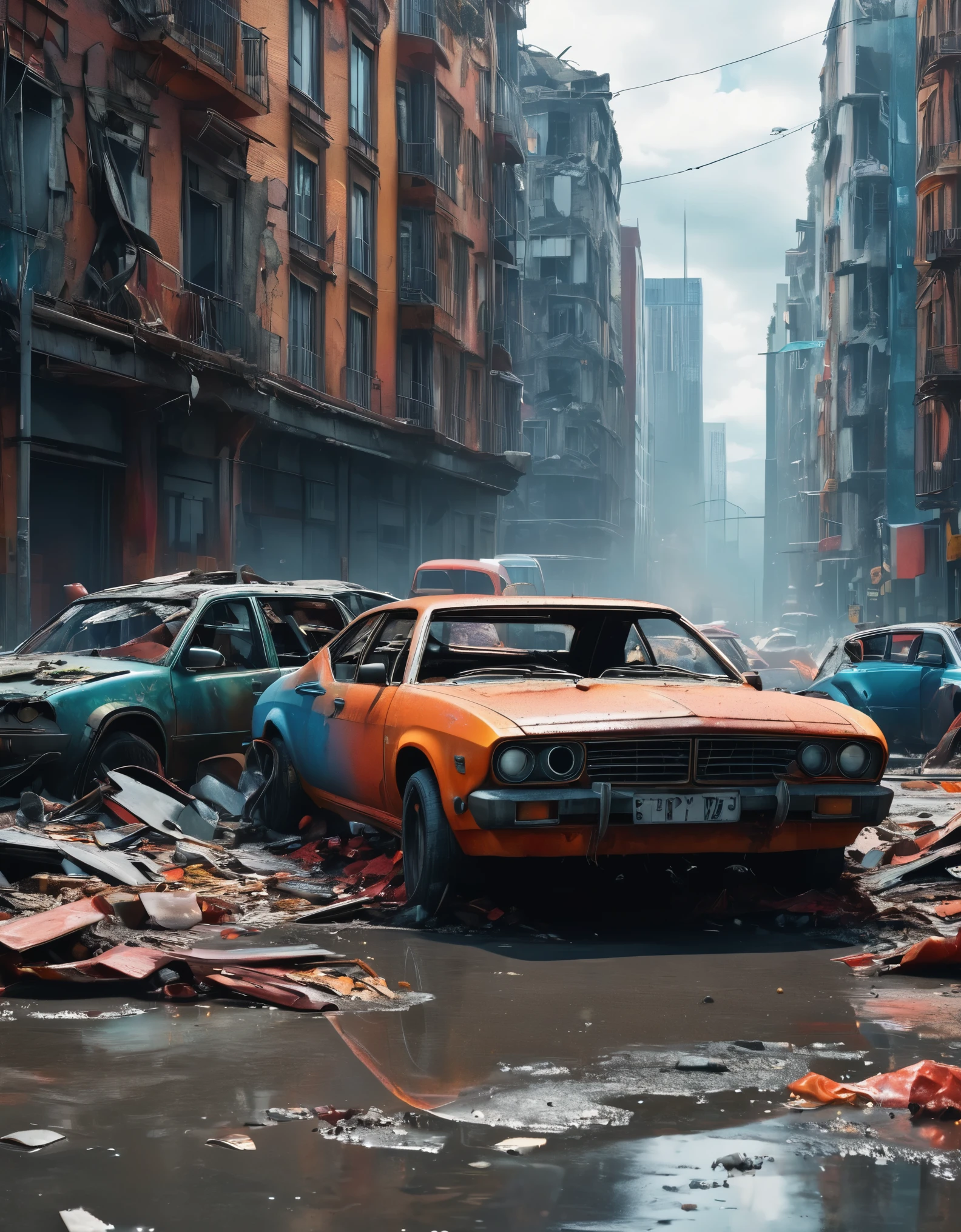 create an image demonstrating the style of ((Avant Apocalypse)) style, hyper realism, 8k high definition, vibrant colors, sharp focus, insanely detailed, destroyed cars, buildings about to collapse, no man