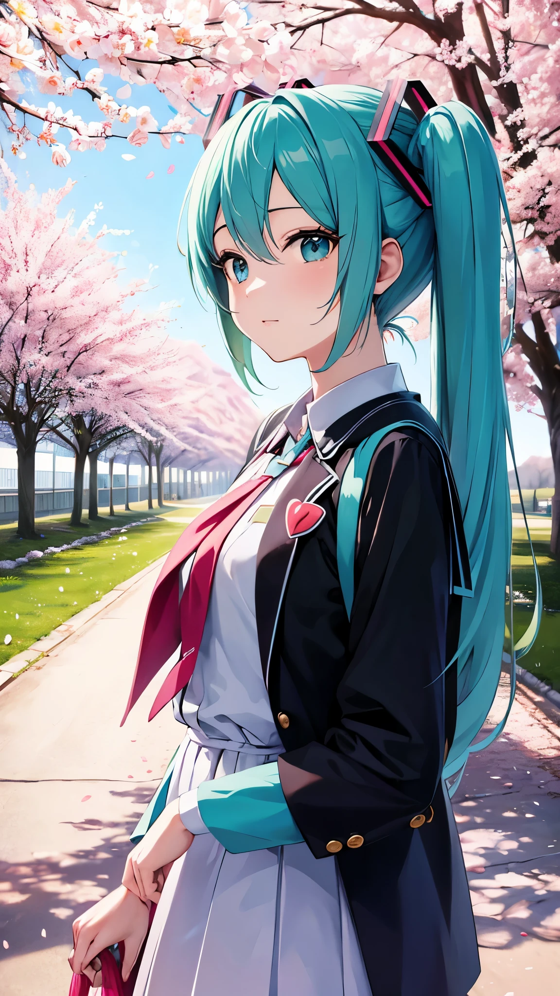 anime characters、Hatsune Miku、In front of the school cherry tree、spring、graduation