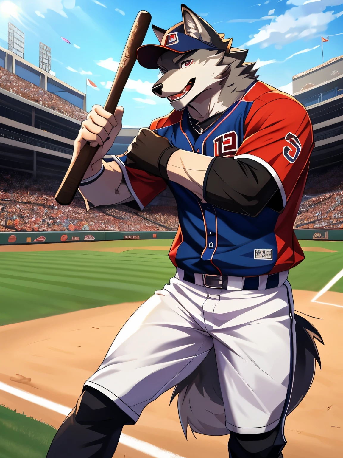 (posted on e621 by Yang J art style) furry, male, wolf anthro, (wolf Tail), Solo, (Realistic eye details:1.2), (beautiful detailed eyes), anime - style image of a man in a baseball stadium, playing baseball, baseball competition, competition, baseball world tournament, world tournament, holding a baseball bat, (Realistic baseball bat details:1.2), wearing baseball cap, the place was very busy with cheering people in the stands, excited face, enjoying watching a baseball game, advanced digital anime art ”, by Yang J, Wolfman art, pixiv contest winner, anime art, slim body, full body like, in a panoramic view, high quality, award winning, HD, 16k, (best quality,4k,8k,highres:1.2)