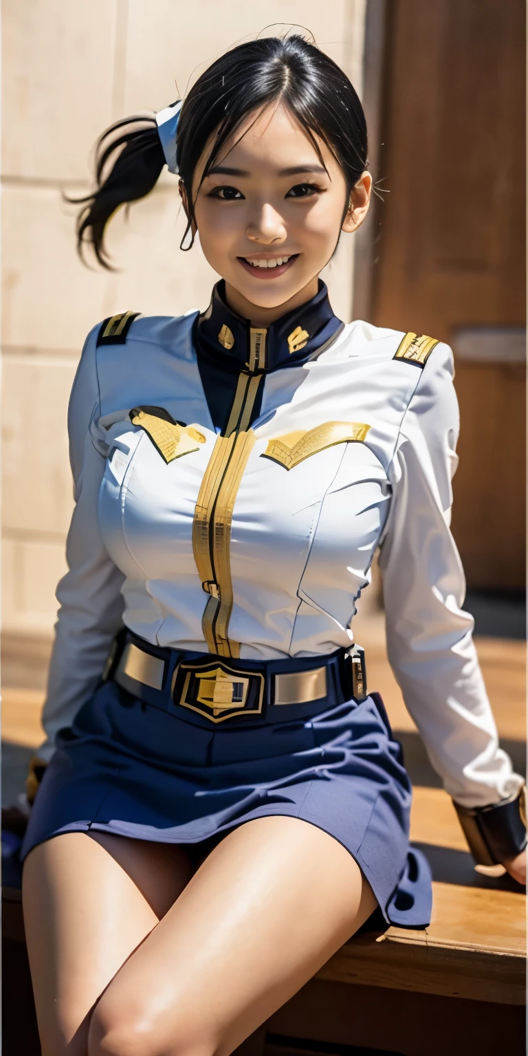 (8K、Raw photography、highest quality、masterpiece:1.2),(black haired、low ponytail:1.7),show viewer,Looking at the front,erotic、spread legs、show white panties,,(super sentai series、wearing federal military costumes.:1.6)、(Clothing that emphasizes the shape of your chest:1.3)、(big breasts :1.3)、slim body shape、ultra high resolution,beautiful,beautiful fece,(alone, alone、no background:1.9),whole bodyボディー,、(black eye、japanese woman: 1.3),(Photoreal:1.37)、beautiful太もも、beautifulパンティ、beautiful膝、photon mapping,reality、(Baby-faced and cute: 1.1)、(cute smile: 1.7)、(With a round face: 1.8)、radio city、Physically based rendering、depth of field rally background、photograph, (I can see your knees,close up of thighs、blue skirt is too short、spread your legs、show off white panties:1.1),whole body、super fine