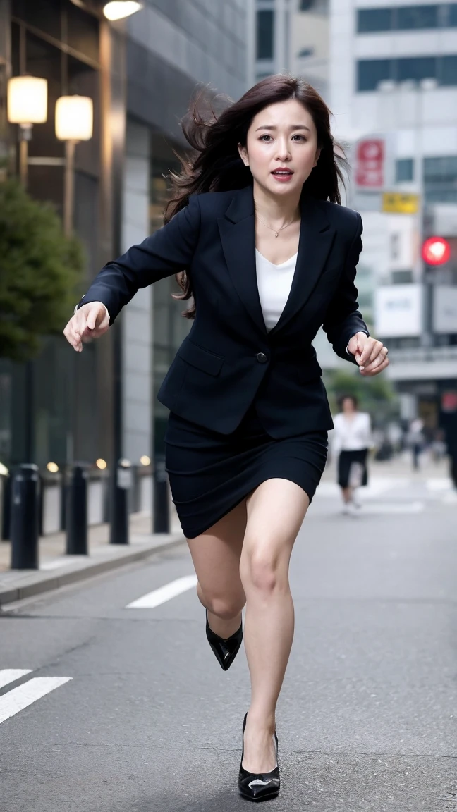 highest quality、masterpiece、ultra high resolution、(realistic:1.4)、downtown Tokyo、woman、Running Stance、full speed force、serious expression、beautiful woman、business suit、skirt、handbag、high heels