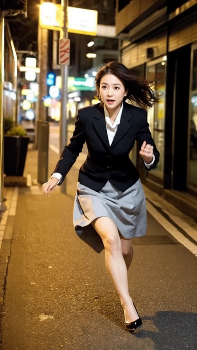 highest quality、masterpiece、ultra high resolution、(realistic:1.4)、downtown Tokyo、woman、Running Stance、full speed force、serious expression、beautiful woman、business suit、skirt、handbag、high heels