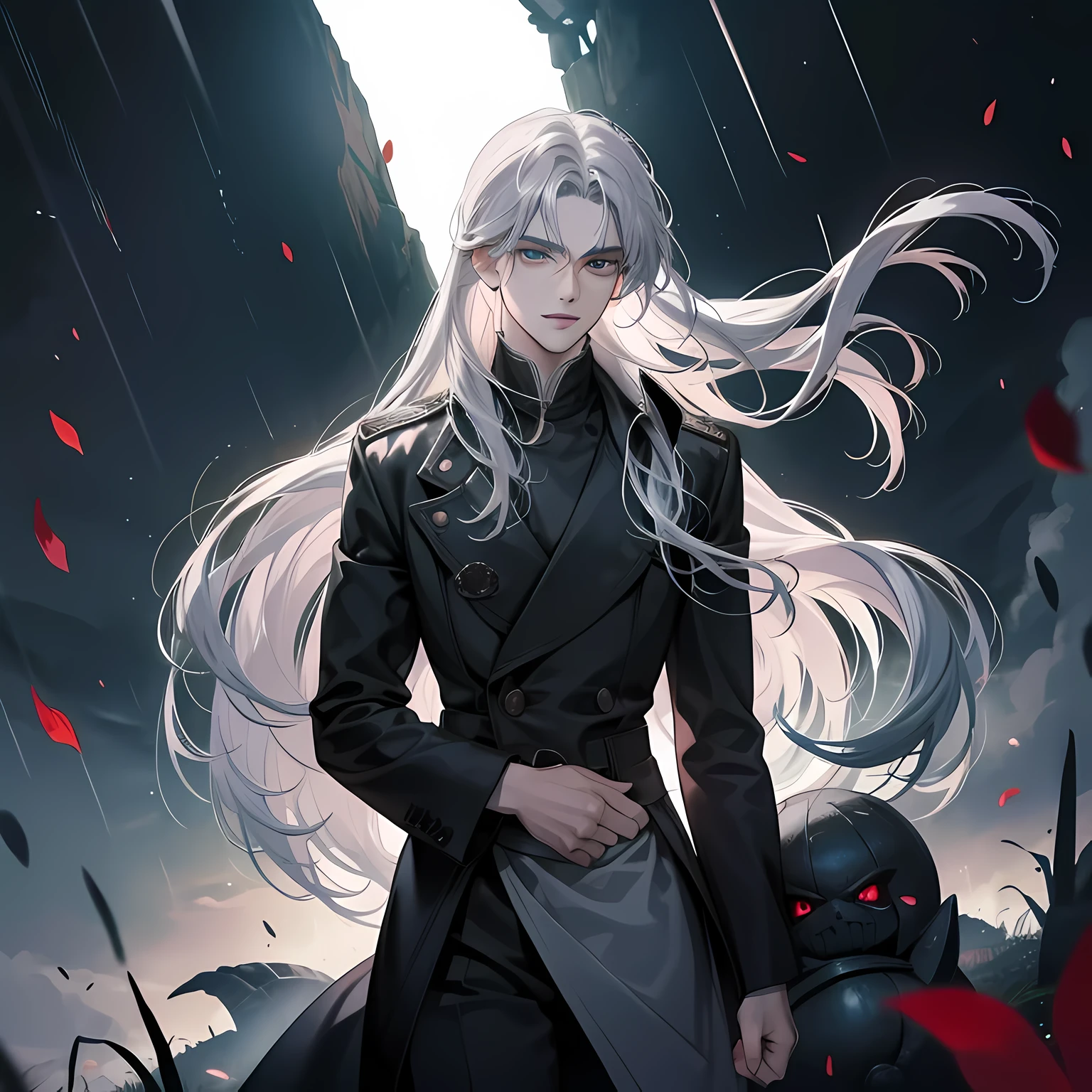 In the heart of a whimsical, enchanting land, reminiscent of Studio Ghibli's masterpieces, strides the Defiler of Daughters. His features are shrouded in intrigue and dark allure, with a tall and imposing stature that casts an ominous shadow. His long, silver hair, slick with rain, clings to his shoulders and follows the rhythm of the precipitation. The Defiler's eyes, shining like moons in the night, are the epitome of beauty, yet harboring an enigmatic and malevolent intent that leaves one feeling uneasy. A sinister smile plays on his full lips, glinting with