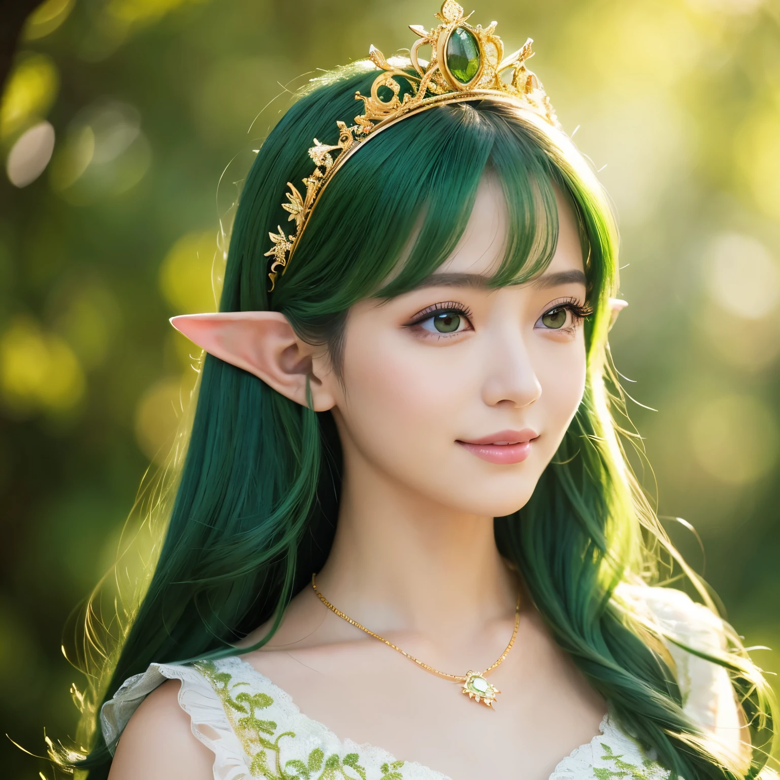(masterpiece、highest quality、Highest image quality、8K、Award-winning work、Ultra high definition)、one gorgeous elf princess、(A number of intricately detailed dresses and ornaments々:1.1)、(perfect pointy elf ears:1.1)、(The Most Sacred Princess Dresses:1.1)、(The most luxurious and highest quality giant tiara:1.1)、(The most luxurious and highest quality giant necklace:1.1)、(close up of face:1.2)、(the most beautiful princess hairstyle:1.1)、green hair、(The background is a gorgeous sacred forest:1.1)、The dress is based on green and white and has gold decorations.、(Fairy tale brilliance:1.2)、fairy tale atmosphere、fantasy、sacred and noble elf、Accurately recreate every detail of the perfect elf princess、The most complex and detailed forest、(yellow-green fog:1.2)、blurred background、(Filled with Divine Light:1.2)、beautiful sunlight filtering through the foliage、beautiful lush tree々、A forest illuminated by sacred green light、great movie lighting、smile looking at me、the most luxurious and intricate dresses、slender body、emphasize body line、accurate anatomy、perfect makeup、(Bright yellow-green eyes:1.1)、(very bright and vivid:1.1)、Green Eyeshadow、Ultra high definitionの美しい瞳、Ultra high definitionの艶のある肌、Beautiful skin that shines brightly、Ultra high definitionの艶のある美肌、Ultra high definitionの艶のある美しい髪の毛、Ultra high definitionの美しい歯、Stand upright facing the front