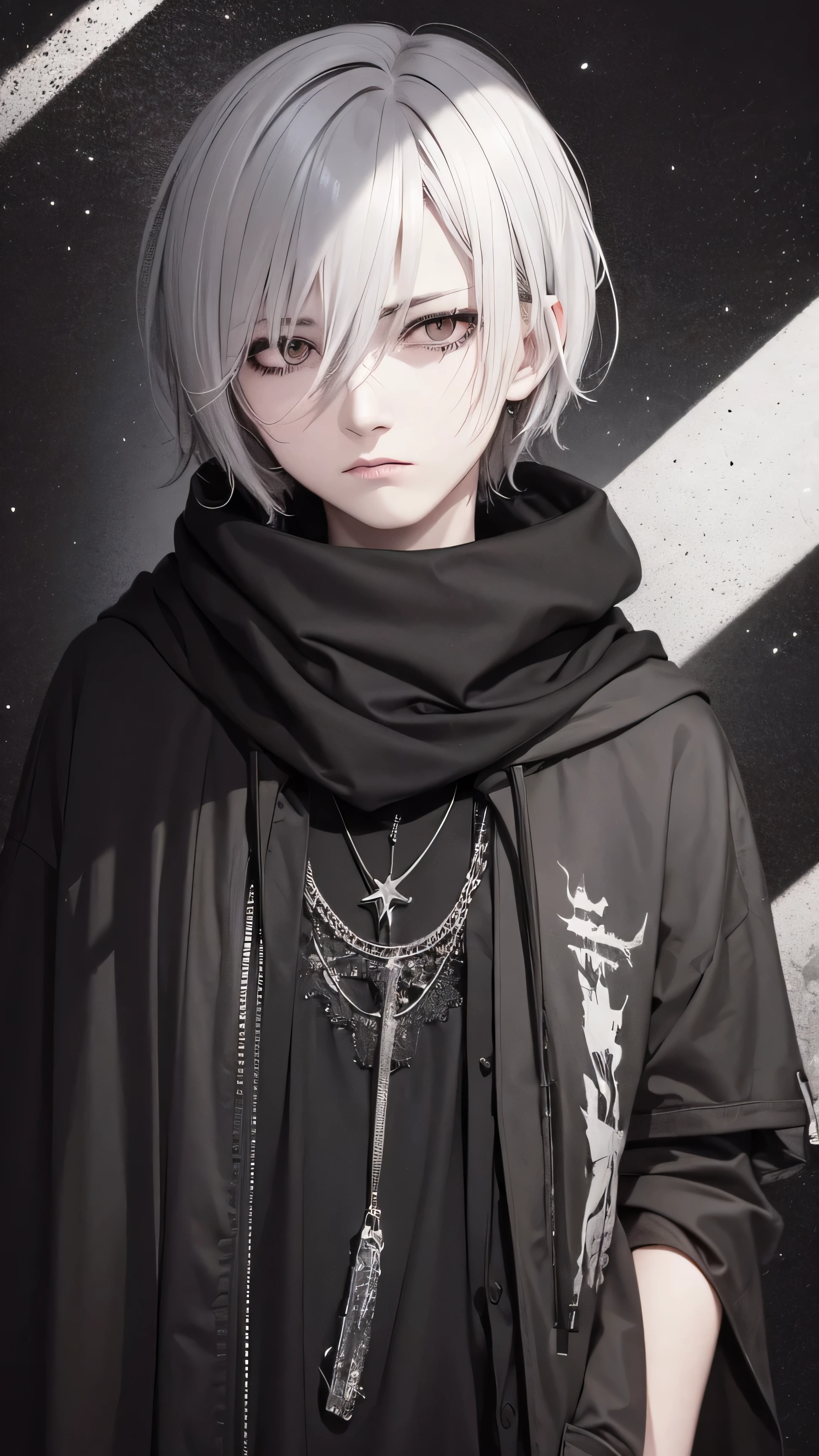 k, high resolution, masterpiece, illustration, extreme details, 1male, gray short hair, black eyes, black sclera, eyeliner, mascara, cloak, dark, gritty, grainy, noir, black and white, techwear, military wear, chains, grunge, emo, edgy, punkish, cultish, dynamic pose, half body, dark aesthetic, darkwear, grunge, hoodie, scarf, black aesthetic, noise, cold expression