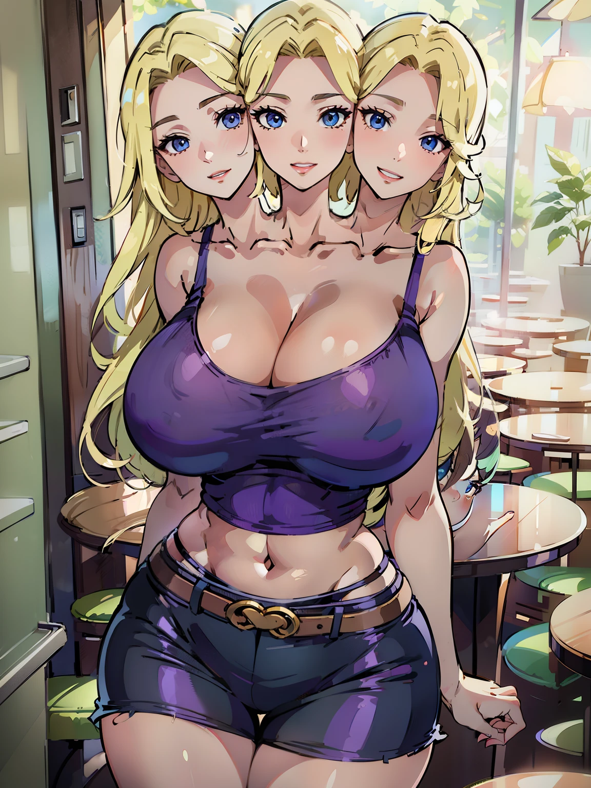 (masterpiece),(ultra-detailed), (high quality), (high resolution), (best quality:1.5, highres, UHD), highres, absurdo, ultra detail, ultra quality, ((3heads:1.5)), 1girl, ((long blonde hair)), thighs, (vibrant purple tank top),, seductive smile, seductive expression, seductive woman, blue eyes, beautiful girl, Ultra resolution, 16k, detailed face, a two headed woman, with a large bust and fairly slim hips, sassy, flirty, mature woman, sexy beautiful woman, (cleavage), ((large breasts:1.5)), exposed midriff