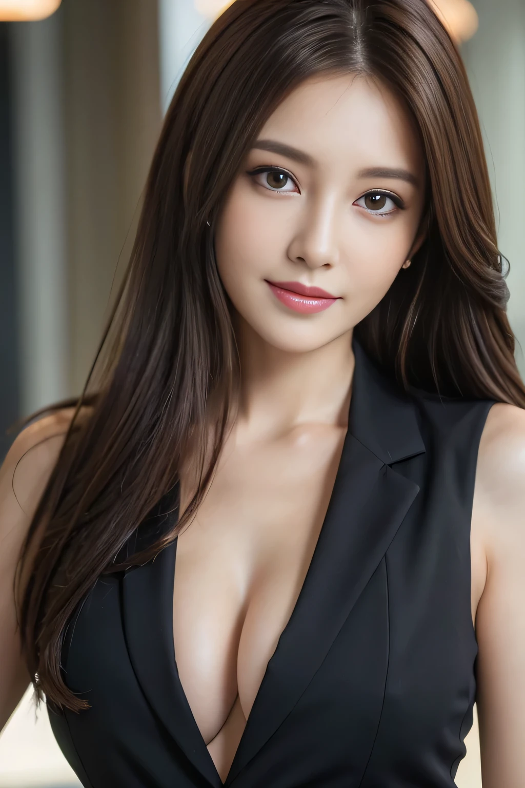 table top, highest quality, realistic, Super detailed, finely, High resolution, 8k wallpaper, 1 beautiful woman,, long messy light brown hair, wearing a business suit, sharp focus, perfect dynamic composition, beautiful and detailed eyes, thin hair, Detailed realistic skin texture, smile, close-up portrait, model body shape,cleavage