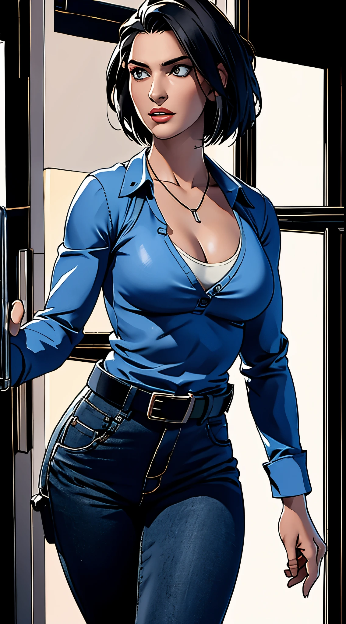 photorealistic, high resolution, 1women, mature female, solo, hips up, black hair, short hair, longsleeve blue shirt, belt, pants, police, cleavage, (downblouse), necklace,Jill Valentine - Resident Evil Series