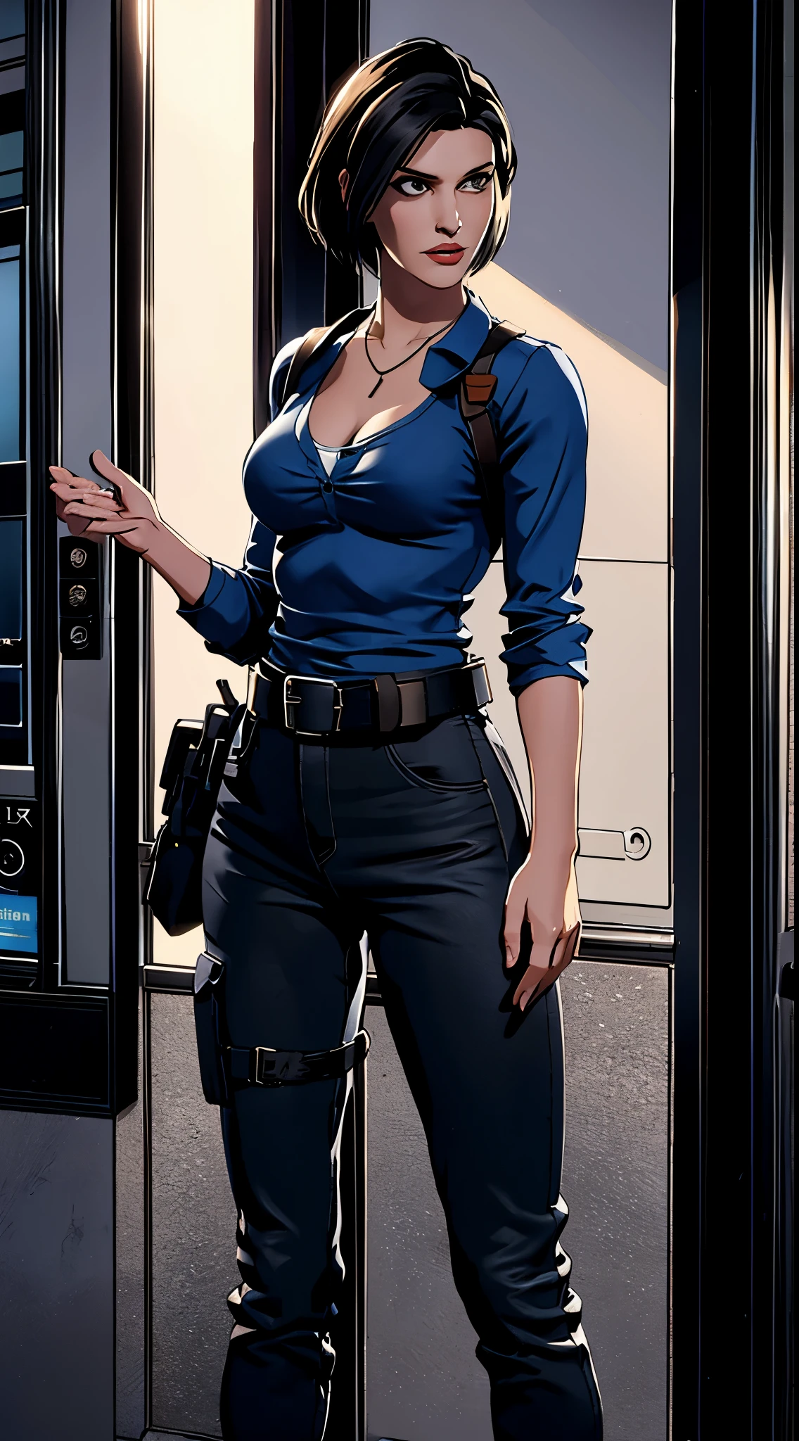 photorealistic, high resolution, 1women, mature female, solo, hips up, black hair, short hair, longsleeve blue shirt, belt, pants, police, cleavage, (downblouse), necklace,Jill Valentine - Resident Evil Series