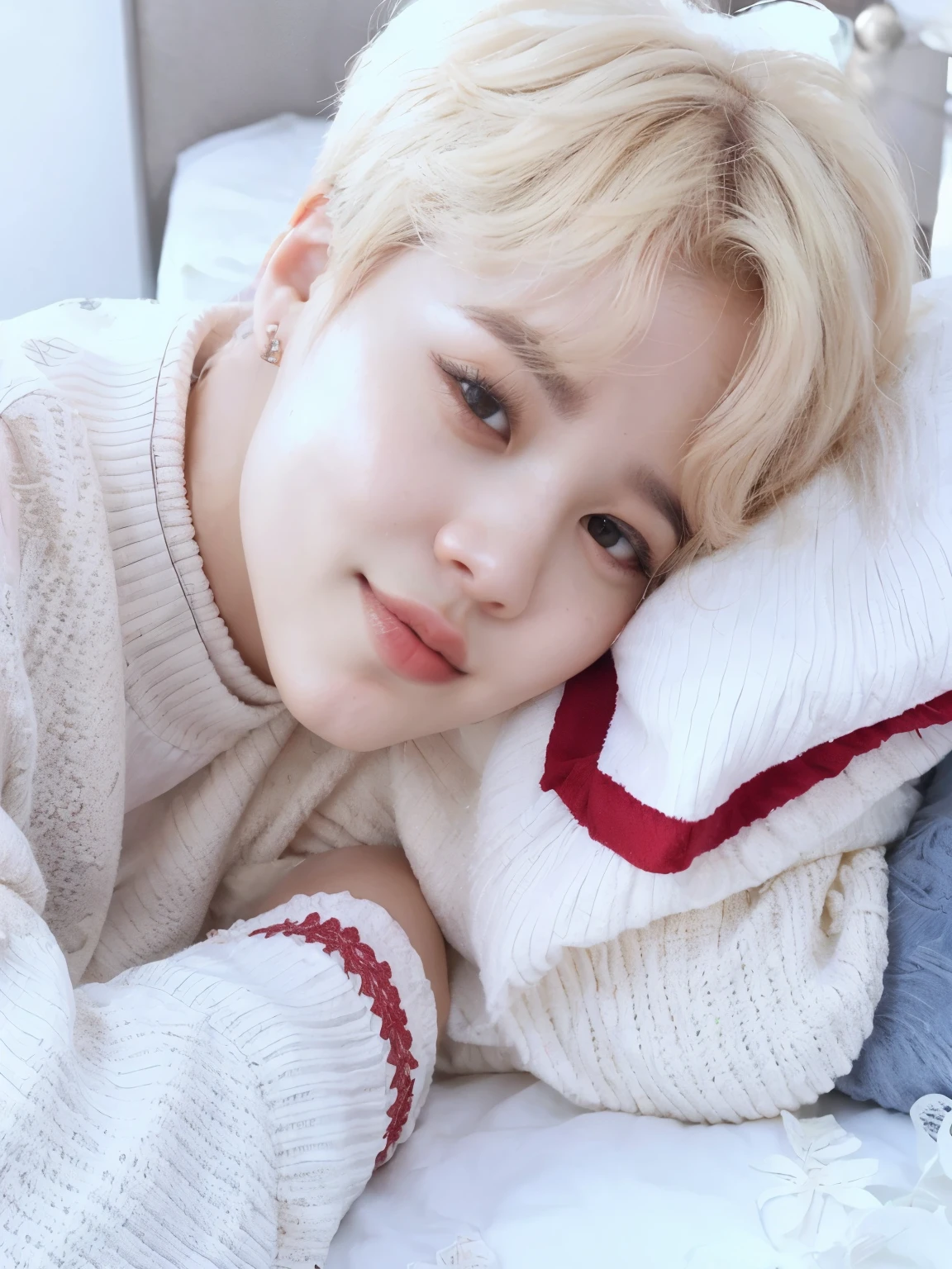 um close up de uma pessoa deitada em uma cama com um travesseiro, Jimin\the full lips, park Jimin, Jimin, Jimin\the right eyelid is swollen, Jimin\o nariz grego, jimin, accurate Jimin face, Jimin, adorable and pale korean face, Yanjun Chengt, Park Jimin, Hong junho hyung, inspirado em Park Jimin