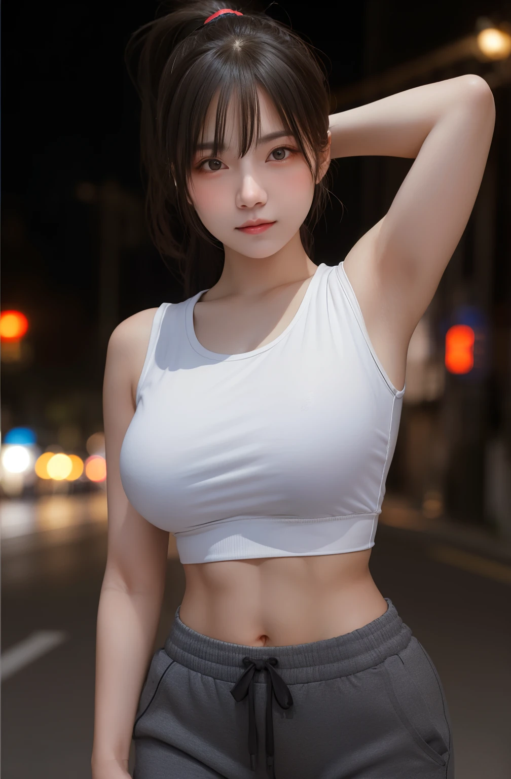 1girl, cute, 20 years old, seductive expression, look at viewer, sport top ,joger pants, photo, realistic, best quality, hires, detailed face, detailed background street night, diffused lighting, depth of field, bokeh,large breasts, pose model,ponytail,