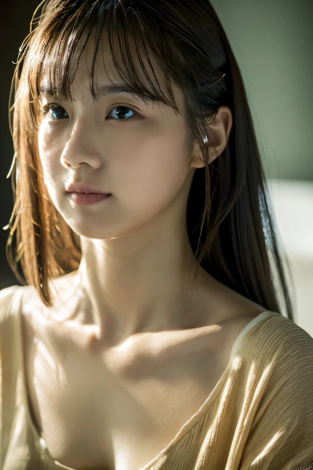 masterpiece, highest quality, Photoreal, Super detailed, finely, High resolution, 8k wallpaper, Professional, Advanced level of detail, girl in her 20s, thin japanese woman, ((facing the front)), detailed clavicle, perfect face, straight hair, Wet face after washing in front of the bathroom mirror