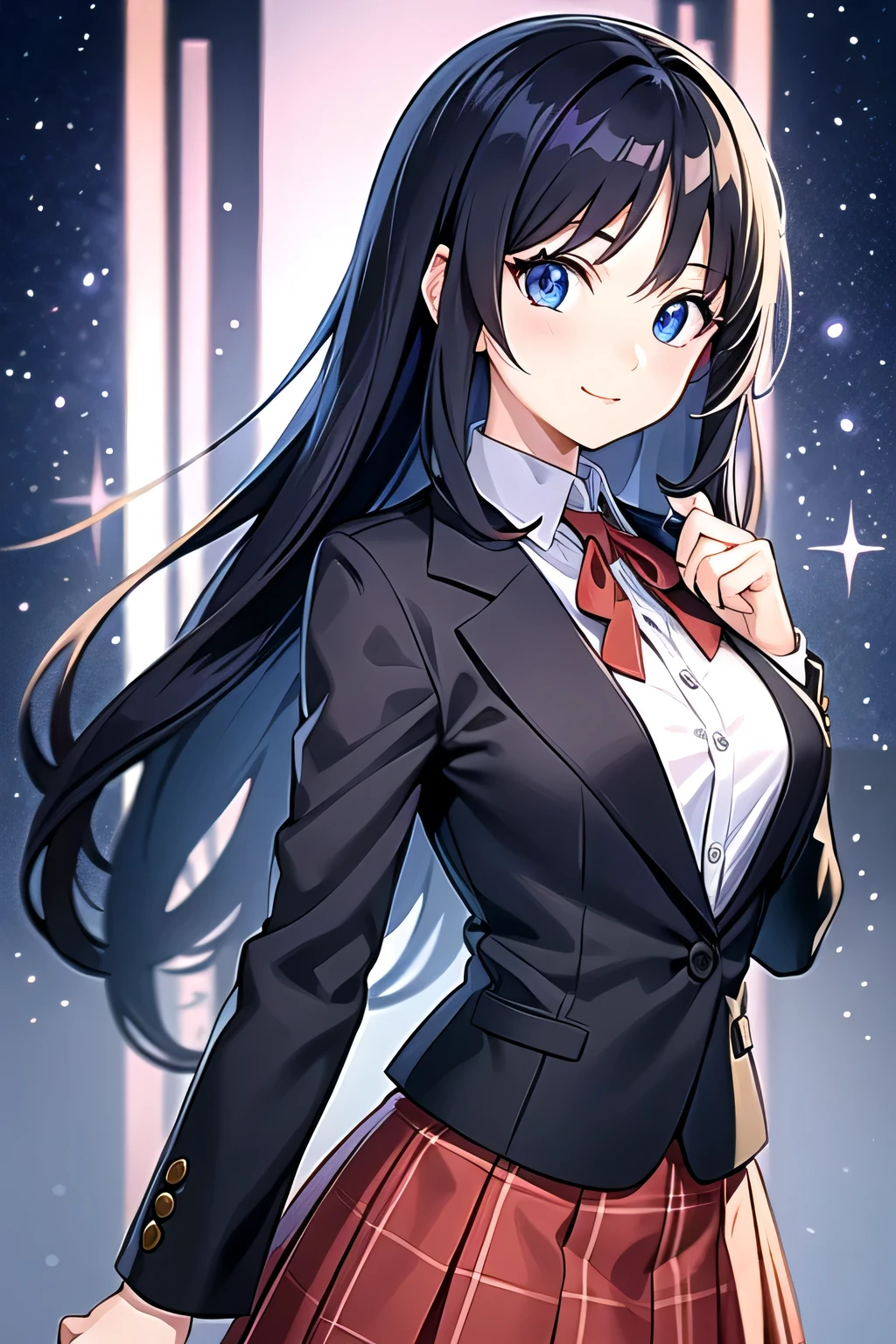 High resolution、Super detailed、Highly detailed CG Unity 8k wallpaper Create an anime style Japanese high school girl character heroine image with a sophisticated look。Her hair is black and has beautiful high curls, and the length of her hair reaches around her waist.。She has a cute smile and a charming face that everyone likes.！
Her big eyes shine with bright black eyes、Her slightly droopy eyes and thick, long eyelashes highlight her sparkle.。   Clothes The character&#39;s white skin is、Creates a vivid contrast with stylish school uniforms。The high school girl&#39;s uniform、A tailored blazer in a rich dark color, almost black.、Paired with a pleated skirt in a shade that reflects the magenta color of her hair.。A crisp white shirt is visible under the blazer.、A bold, neatly tied crimson ribbon at the collar.、Offers eye-catching color accents。  The skirt is short and dark blue。  