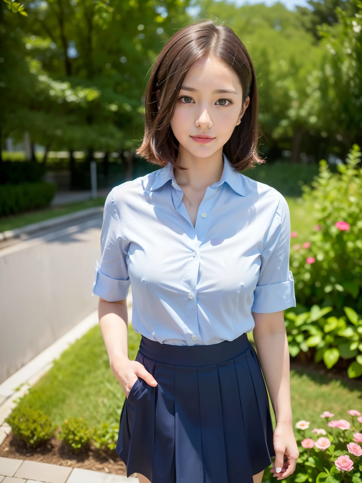 ((Best of the highest quality, 8k, Masterpiece: 1.3, raw photo)), Sharp focus: 1.2, (1 AESPA girl: 1.1), (Solo: 1.18), (realistic, photo-realistic:1.37), face focus, cute face, finely eyes, (Small breasts, flat chest, Thigh: 1.2), (business shirt, skirt: 1.4), short messy hair, updo, garden, flower,