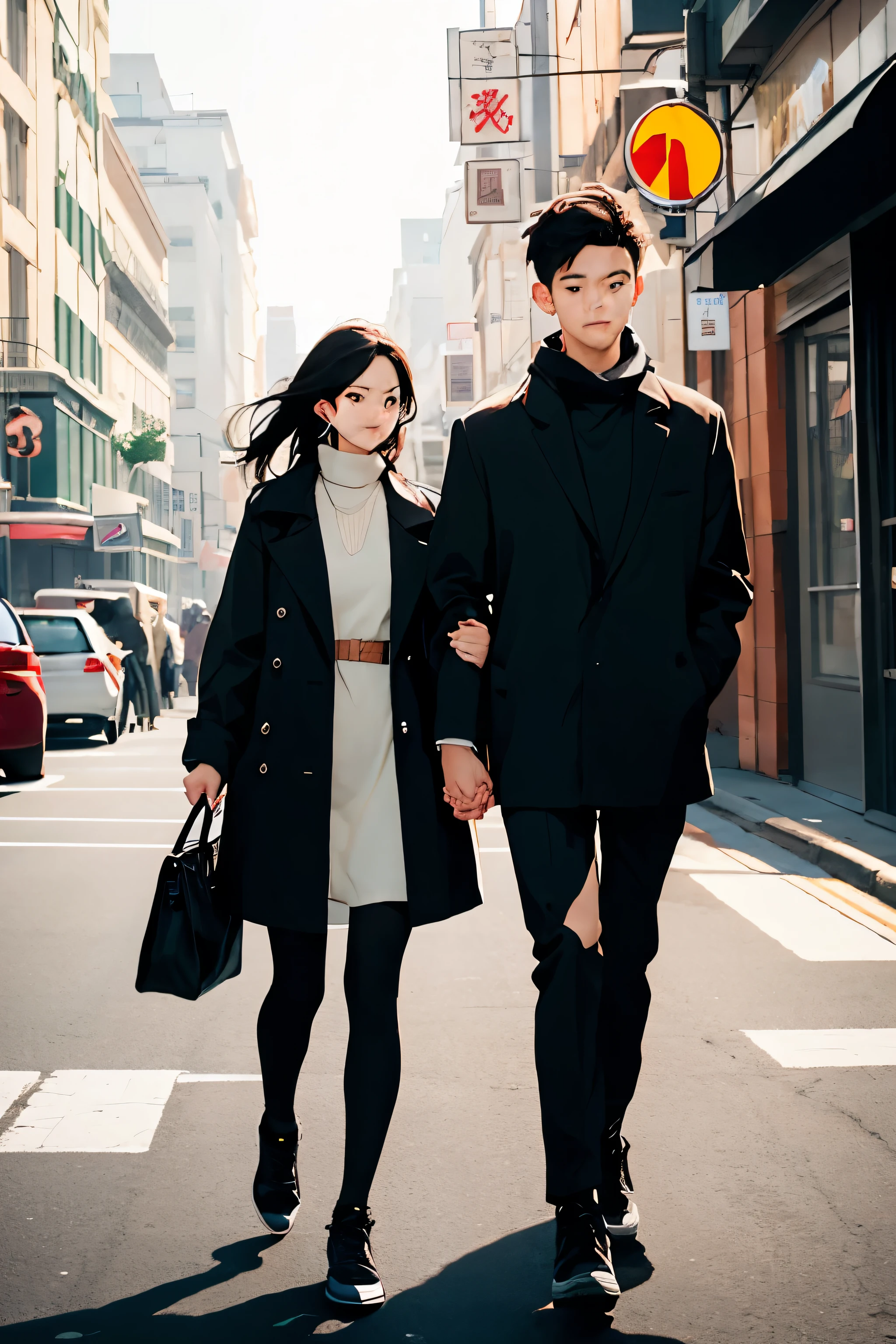 A couple，Walking in the street，Separated。