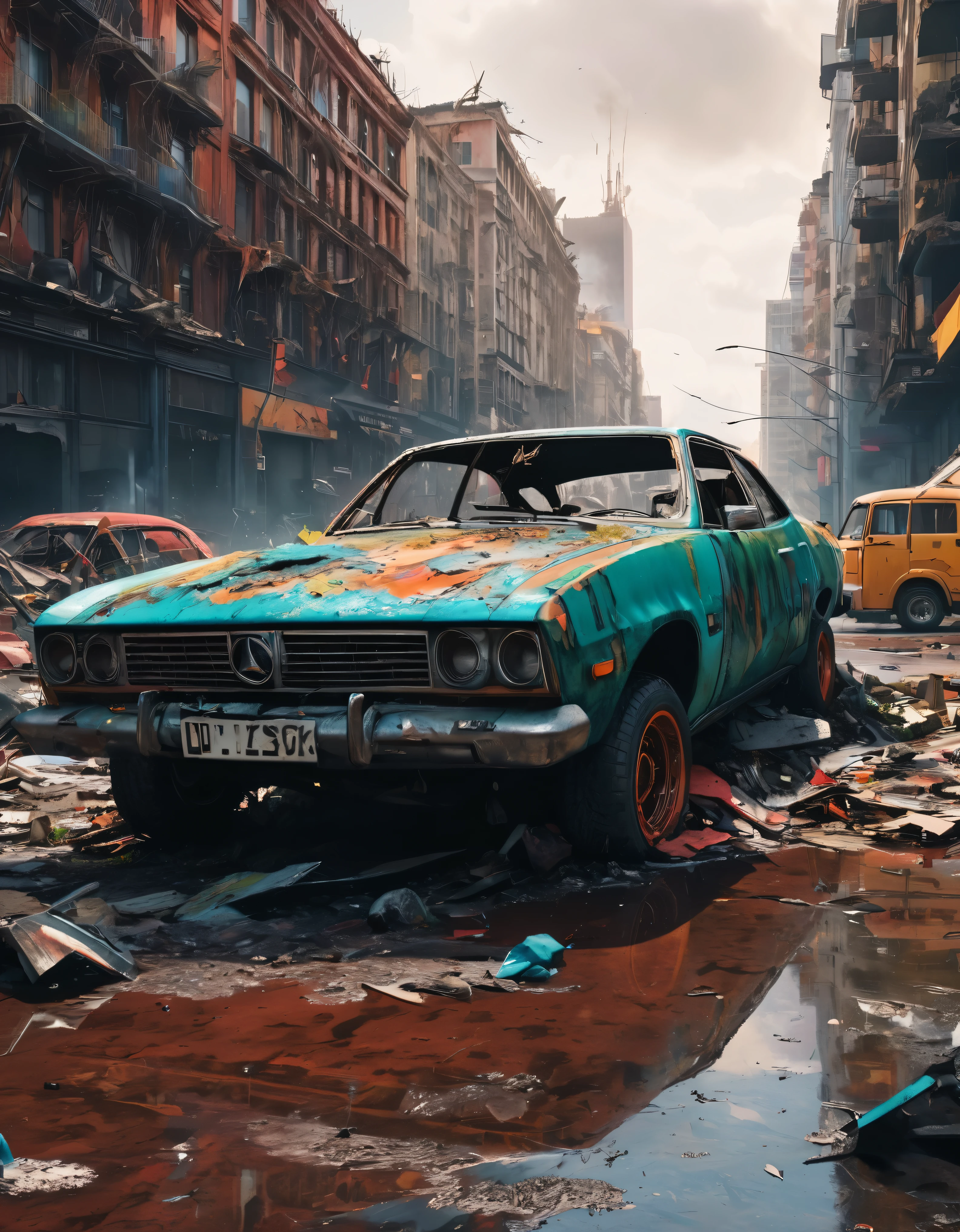 create an image demonstrating the style of ((Avant Apocalypse)) style, hyper realism, 8k high definition, vibrant colors, sharp focus, insanely detailed, destroyed cars, buildings about to collapse, no man