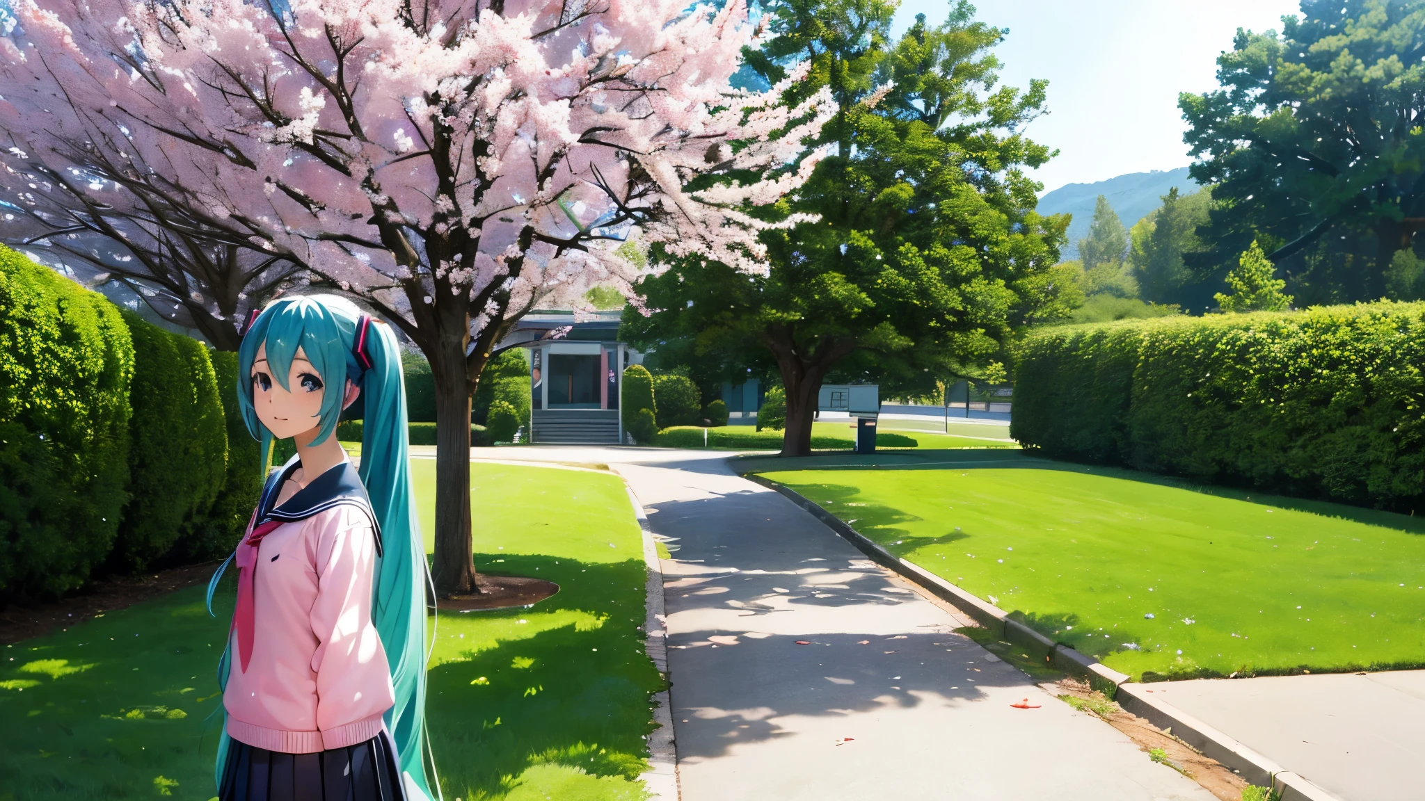 anime characters、Hatsune Miku、In front of the school cherry tree、spring、graduation