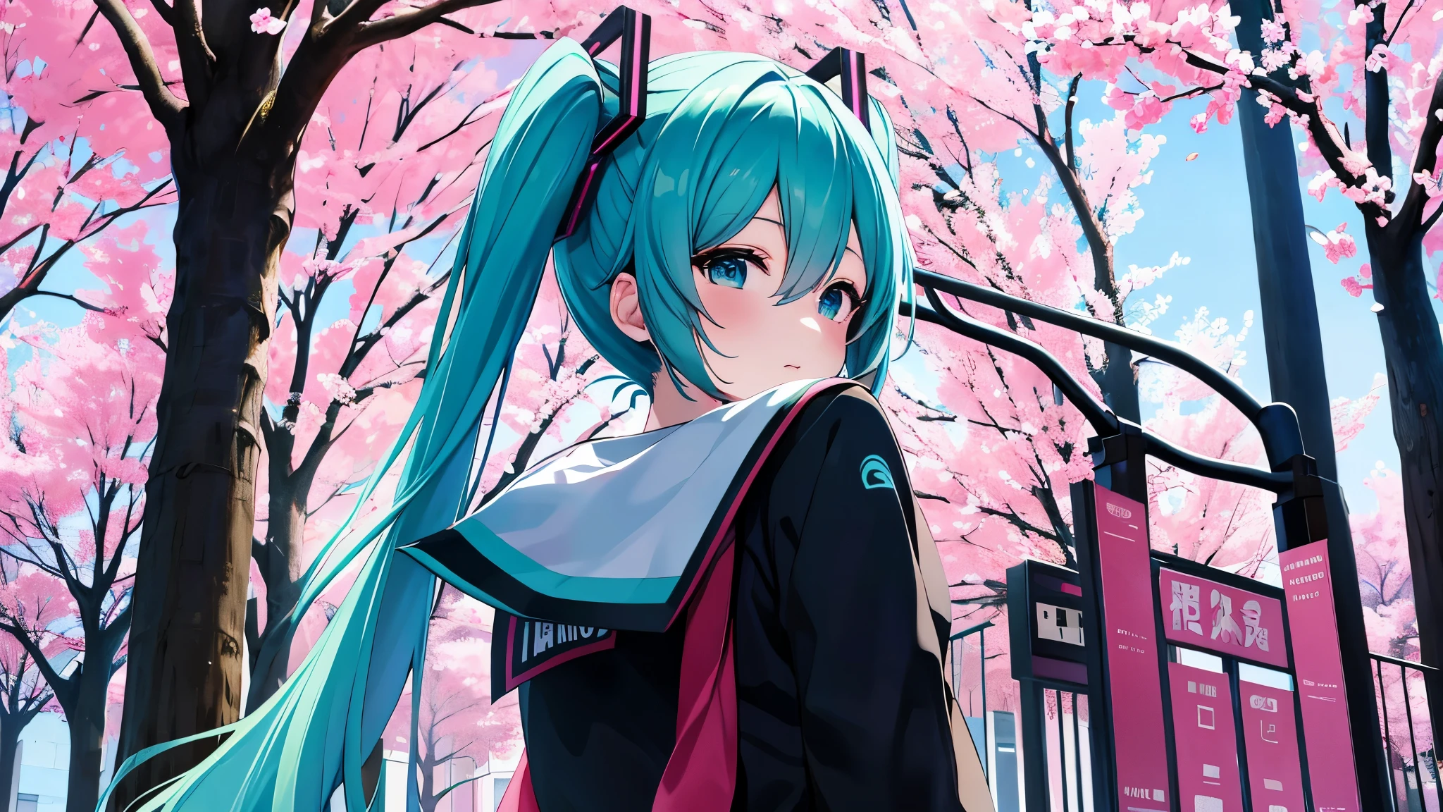 anime characters、Hatsune Miku、In front of the school cherry tree、spring、graduation