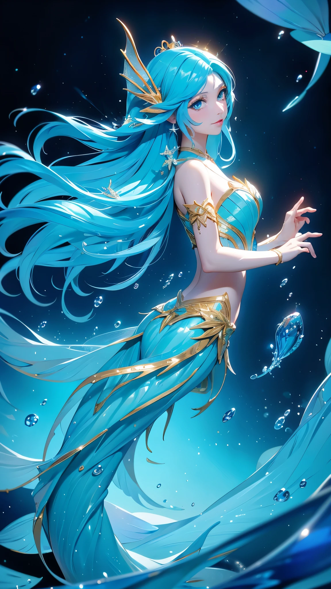 (La mejor calidad,A high resolution,Ultra - detallado,actual), Ariel a cartoon sirena with blue hair and a gold crown is swimming in the ocean, Anime de arte salpicado , diosa del mar,( ocean goddess) , marin kitagawa fan art, arte oficial, fondos de pantalla anime azul agua, sirena, high detailed arte oficialwork, anime fantasy illustration, arte oficialwork, Arte detallado de alta calidad 8k, (beautiful sirena ariel:1.4) , arte de anime digital detallado, (fondo bajo el mar dentro el agua:1.4),,( perfect anatomy)