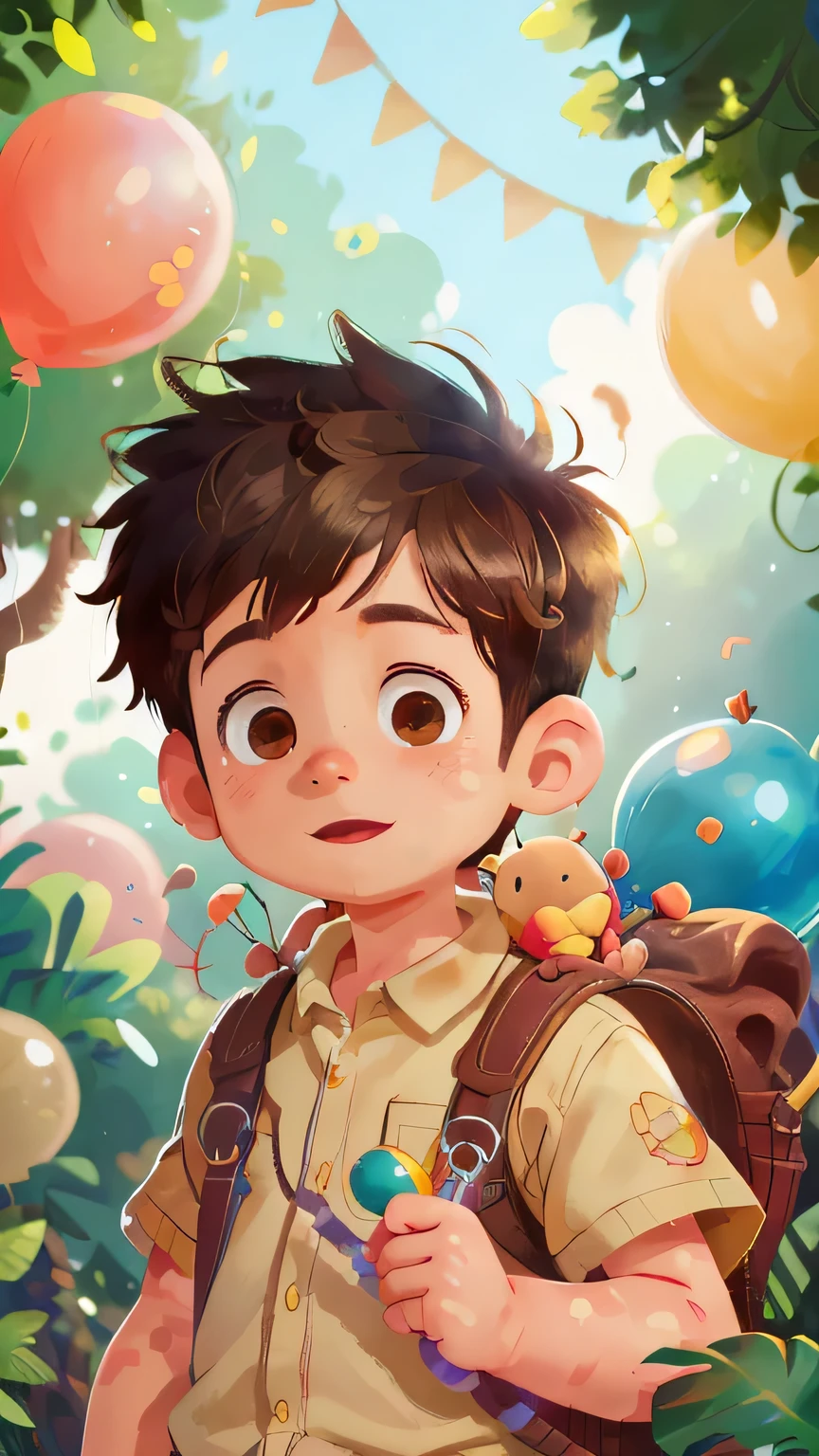 A boy, zoo, many balloons, happy, happy, perfect quality, clear focus (clutter - home: 0.8), (masterpiece: 1.2) (realistic: 1.2) (bokeh) (best quality) (detailed skin: 1.3) (intricate details) (8K) (detail eyes) (sharp focus), (happy)