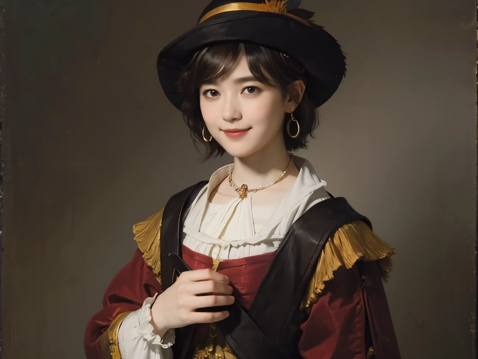 181 short hair, 20 year old female, gentle smile, (rembrandt style painting), (chest:1.2), long sleeve clothes