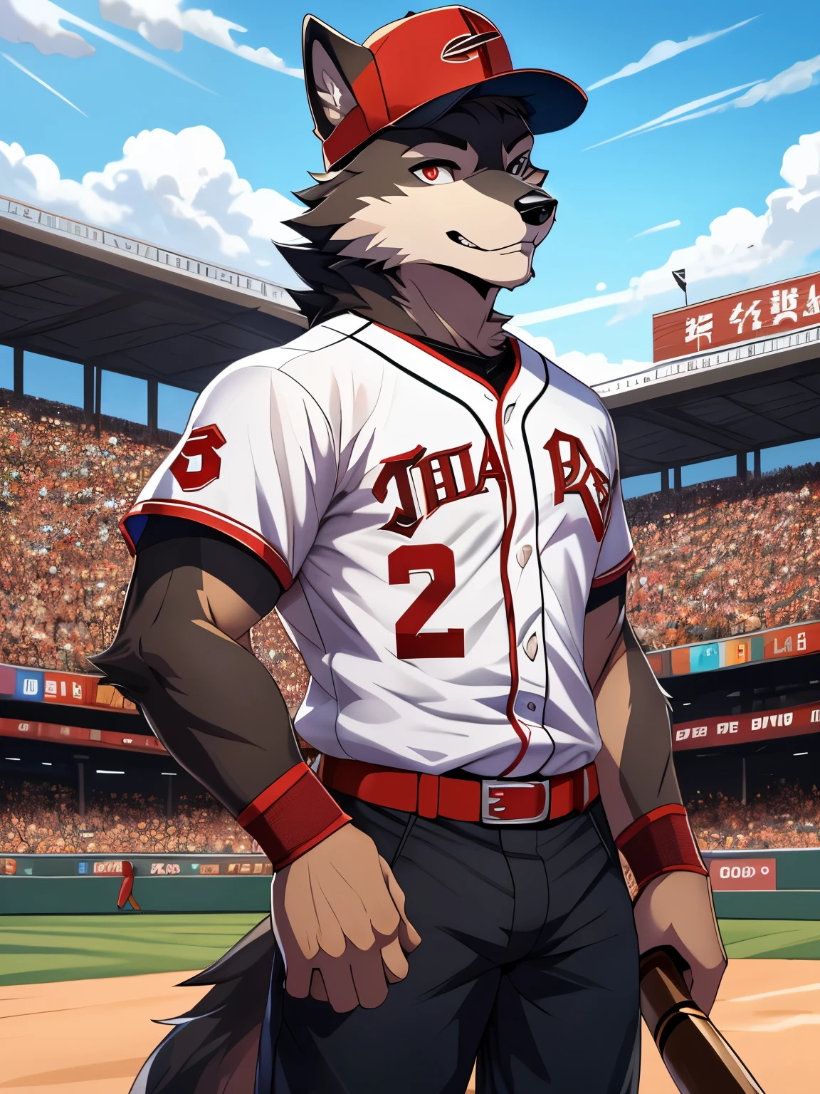 (posted on e621 by Yang J art style) furry, male, wolf anthro, (wolf Tail), Solo, (Realistic eye details:1.2), (beautiful detailed eyes), anime - style image of a man in a baseball stadium, playing baseball, baseball competition, competition, baseball world tournament, world tournament, holding a baseball bat, (Realistic baseball bat details:1.2), wearing baseball cap, the place was very busy with cheering people in the stands, excited face, enjoying watching a baseball game, advanced digital anime art ”, by Yang J, Wolfman art, pixiv contest winner, anime art, slim body, full body like, in a panoramic view, high quality, award winning, HD, 16k, (best quality,4k,8k,highres:1.2)