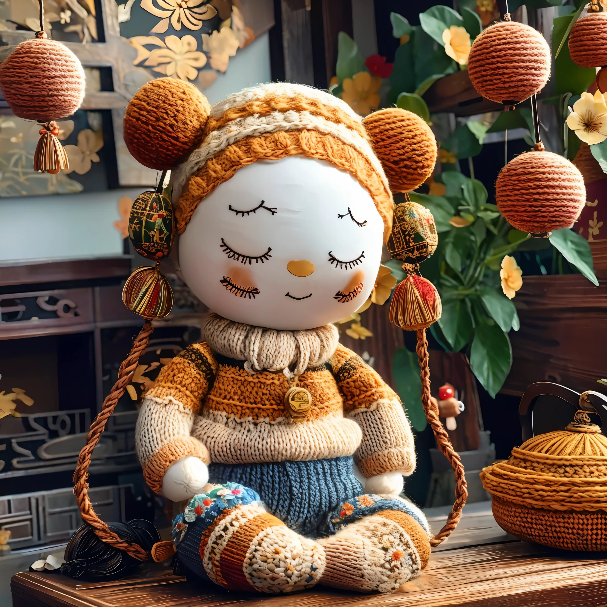 cute knitted doll，in the room，（（（Chinese new year decoration））），smiley face，Many flowers（（（masterpiece）））， （（best quality））， （（intricate details））（8K）