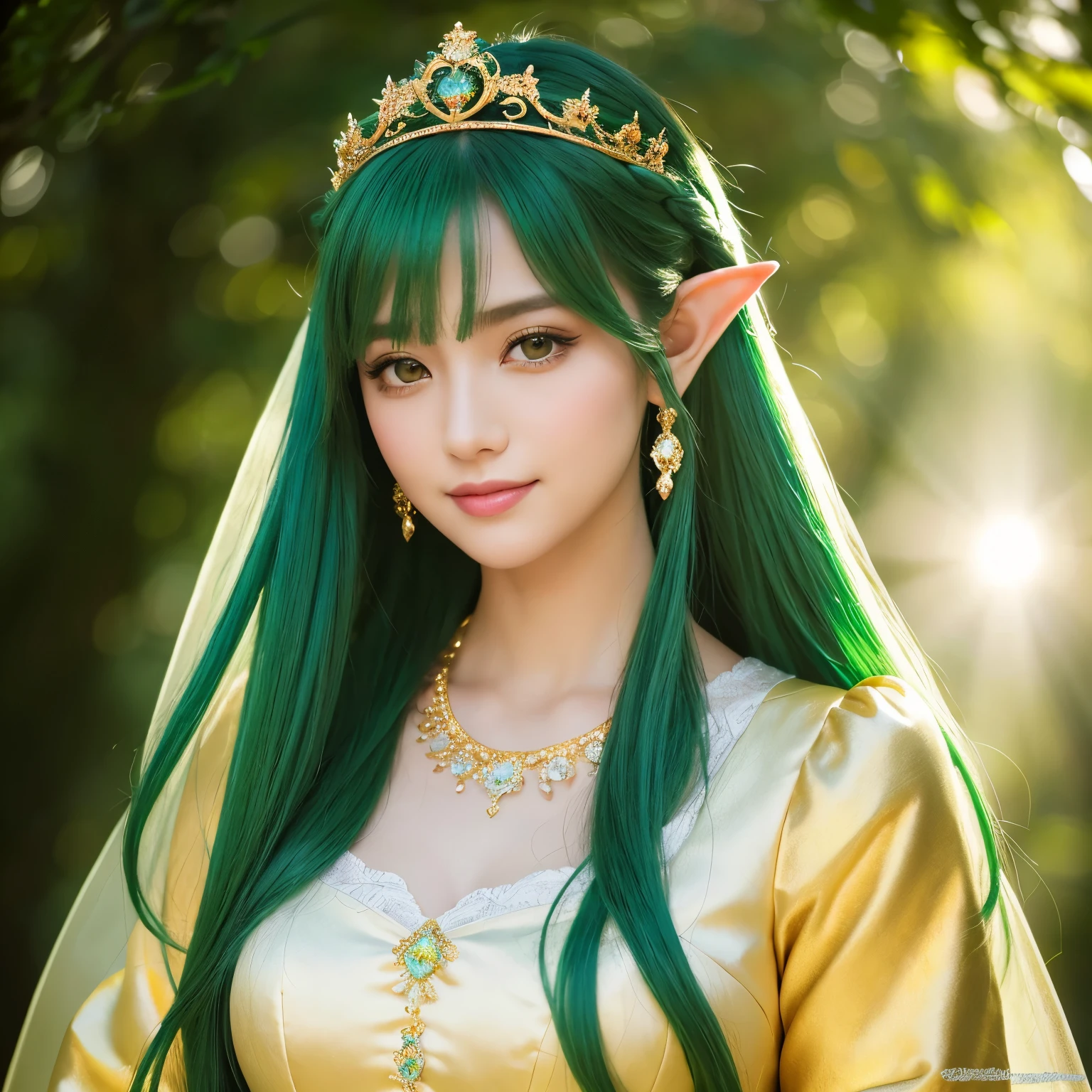 (masterpiece、highest quality、Highest image quality、8K、Award-winning work、Ultra high definition)、one gorgeous elf princess、perfect pointy elf ears、The Most Sacred Princess Dresses、(The most luxurious and highest quality giant tiara:1.1)、(The most luxurious and highest quality giant necklace:1.1)、(close up of face:1.2)、(the most beautiful princess hairstyle:1.1)、green hair、The background is a complex and sacred forest、The dress is based on green and white and has gold decorations.、(Fairy tale brilliance:1.1)、fairy tale atmosphere、fantasy、sacred and noble elf、Accurately recreate every detail of the perfect elf princess、The most complex and detailed forest、(yellow-green fog:1.1)、(Filled with Divine Light:1.1)、beautiful sunlight filtering through the foliage、beautiful lush tree々、A forest illuminated by sacred green light、great movie lighting、smile looking at me、the most luxurious and intricate dresses、slender body、emphasize body line、accurate anatomy、perfect makeup、Yellow-green eyes、Green Eyeshadow、Ultra high definitionの美しい瞳、Ultra high definitionの艶のある肌、Beautiful skin that shines brightly、Ultra high definitionの艶のある美肌、Ultra high definitionの艶のある美しい髪の毛、Ultra high definitionの美しい歯、Stand upright facing the front