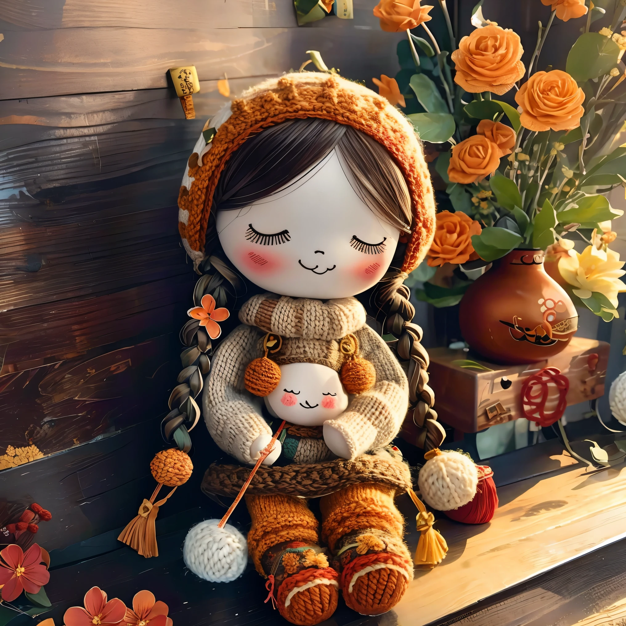 cute knitted doll，in the room，（（（Chinese new year decoration））），smiley face，Many flowers（（（masterpiece）））， （（best quality））， （（intricate details））（8K）