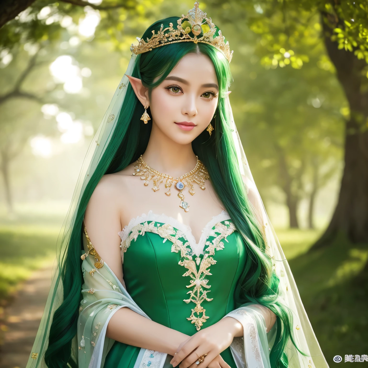 (masterpiece、highest quality、Highest image quality、8K、Award-winning work、Ultra high definition)、one gorgeous elf princess、perfect pointy elf ears、The Most Sacred Princess Dresses、(The most luxurious and highest quality giant tiara:1.1)、(The most luxurious and highest quality giant necklace:1.1)、(close up of face:1.2)、(the most beautiful princess hairstyle:1.1)、green hair、The background is a complex and sacred forest、The dress is based on green and white and has gold decorations.、(Fairy tale brilliance:1.1)、fairy tale atmosphere、fantasy、sacred and noble elf、Accurately recreate every detail of the perfect elf princess、The most complex and detailed forest、(yellow-green fog:1.1)、(Filled with Divine Light:1.1)、beautiful sunlight filtering through the foliage、beautiful lush tree々、A forest illuminated by sacred green light、great movie lighting、smile looking at me、the most luxurious and intricate dresses、slender body、emphasize body line、accurate ???????、perfect makeup、Yellow-green eyes、Green Eyeshadow、Ultra high definitionの美しい瞳、Ultra high definitionの艶のある肌、Beautiful skin that shines brightly、Ultra high definitionの艶のある美肌、Ultra high definitionの艶のある美しい髪の毛、Ultra high definitionの美しい歯、Stand upright facing the front