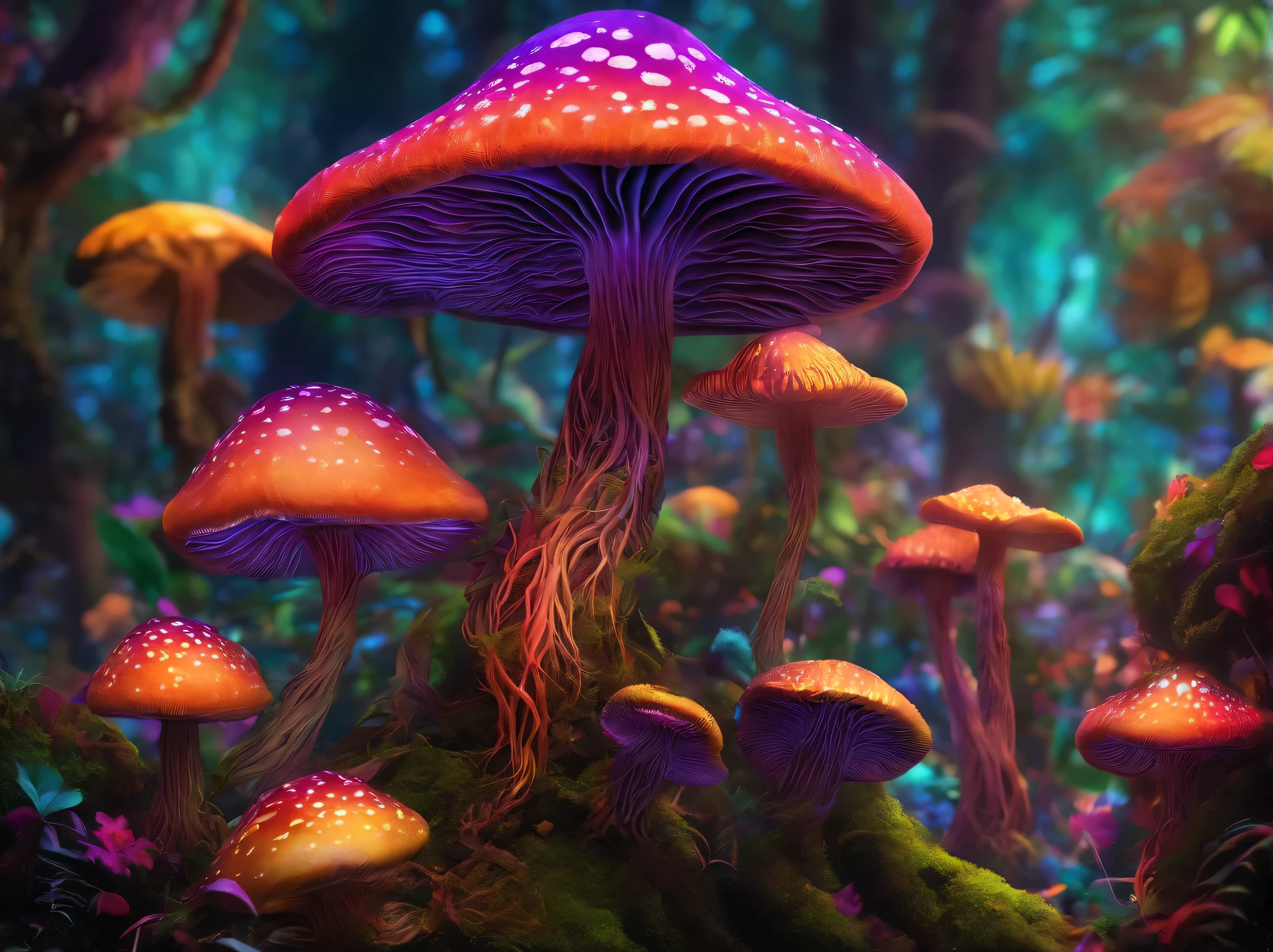 psychedelic mushrooms，mushroom forest，magical effect，Rainforest forest，plant，(masterpiece, best quality), intricate details, 8K, art station, sharp focus,,