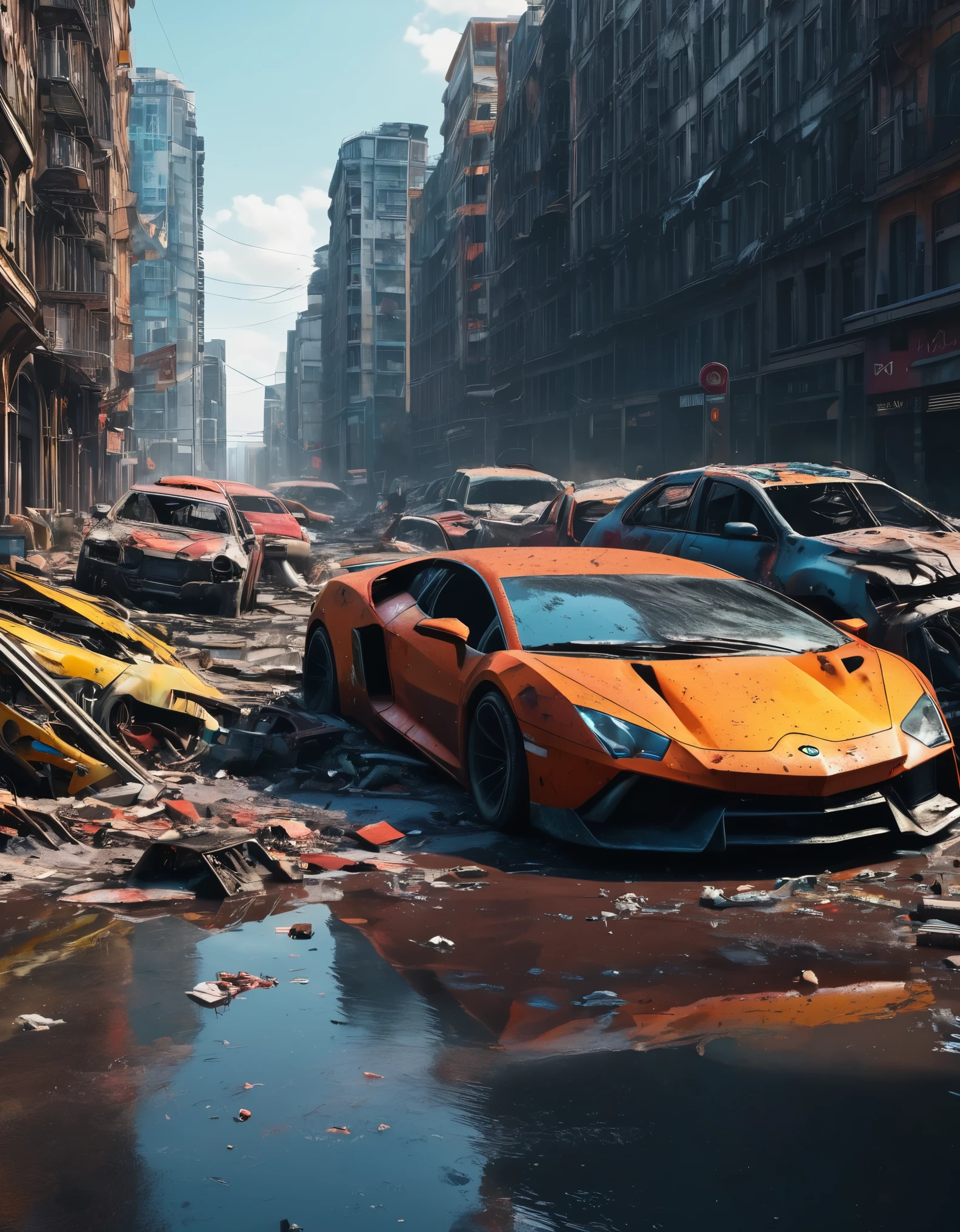 create an image demonstrating the style of ((Avant Apocalypse)) style, hyper realism, 8k high definition, vibrant colors, sharp focus, insanely detailed, destroyed cars, buildings about to collapse, no man