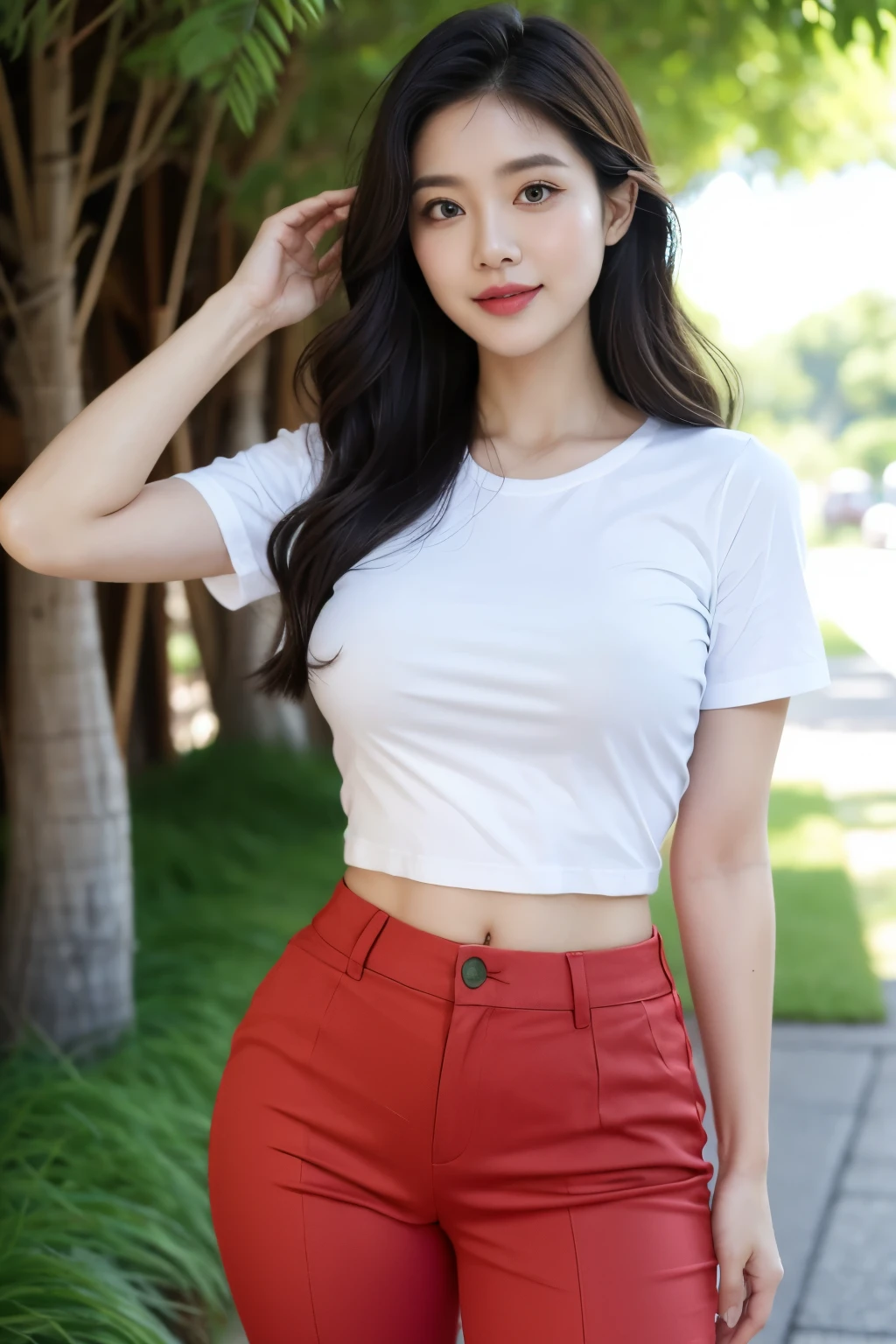 Draw lips correctly, red lipstick, from chest up, best quality, Super detailed, lifelike, Super fine skin, perfect anatomy, (1 日本Mature的女人), (alone),Wear a white crew neck shirt,short sleeves,green pants,wavy long hair,37-year-old female,Mature,charming smile,outdoor background,stand,Leg length,Chubby body,Big breasts,stand up,full-body shot