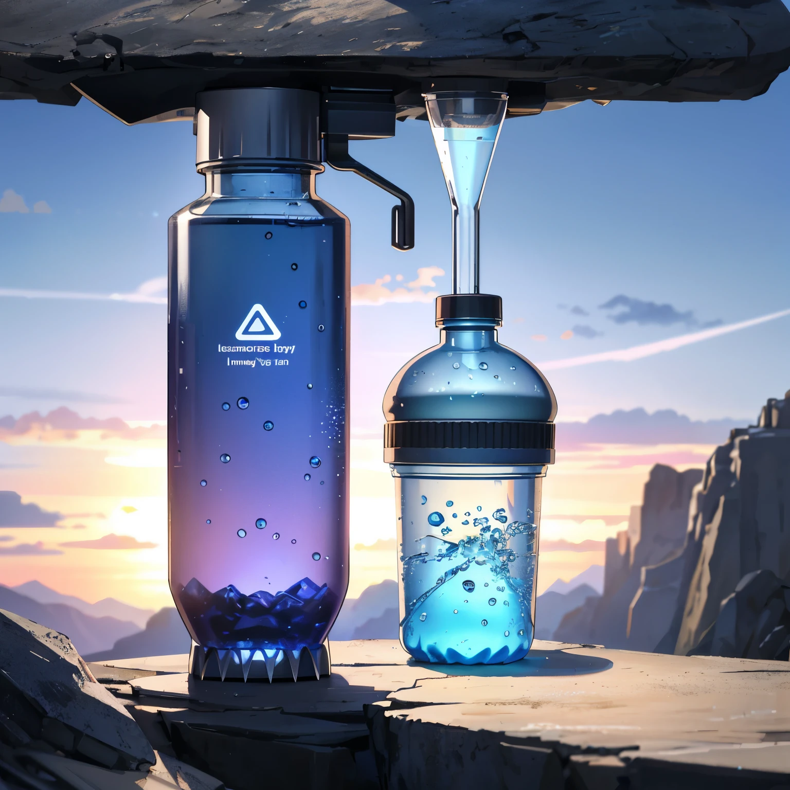 Generate an image of a futuristic, translucent purple water bottle with a built-in straw for water filtration. The intricate design of the straw is visible, showcasing the advanced filtering mechanisms that transform river water into drinkable water in an instant. The bottle cap boasts a fan-like design, with mist emanating from the center when opened, providing a refreshing cooling effect. When closed, the cap functions as a sleek and secure seal.
This innovative water bottle, a game-changer for camping enthusiasts, is depicted against a backdrop of a modern and minimalistic setting. Sleek lines, clean surfaces, and cutting-edge technology come together to highlight its