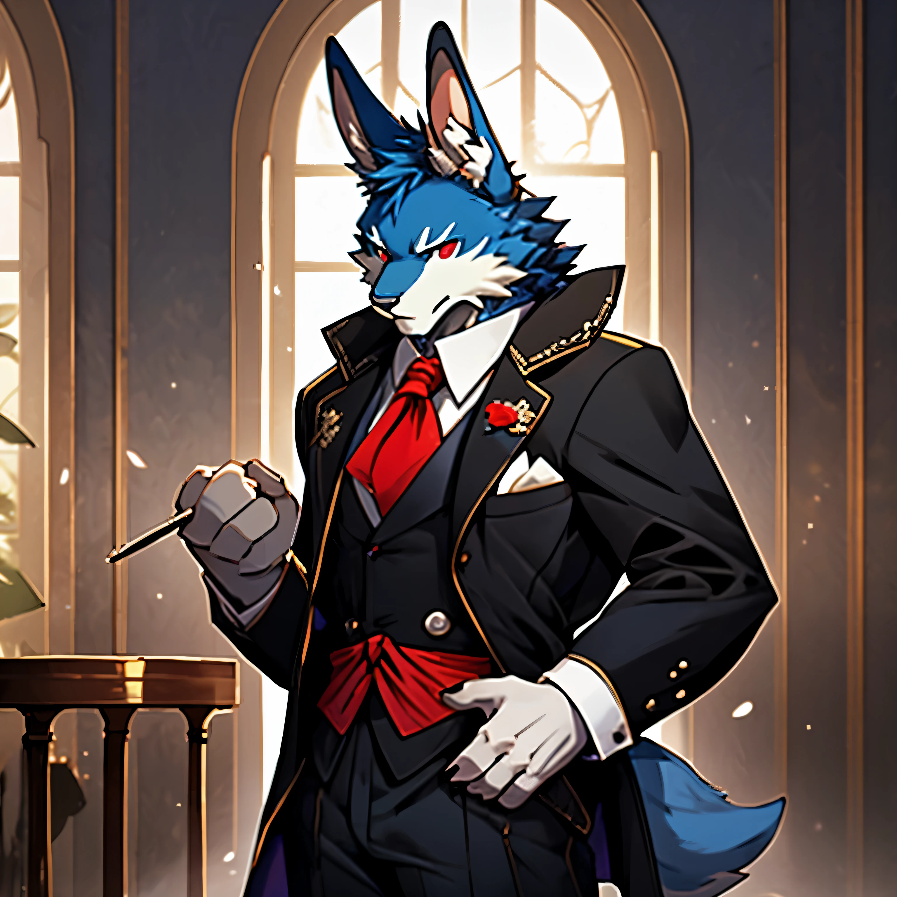 4K, actual, high detail, super detailed, Fashion clothing,rabbit,Long-eared rabbits,blue fur,Red eyes,Slender figure,aldult,male,Valet parking,Butler outfit,Serious,Armed with a silver sword,The background is the room
