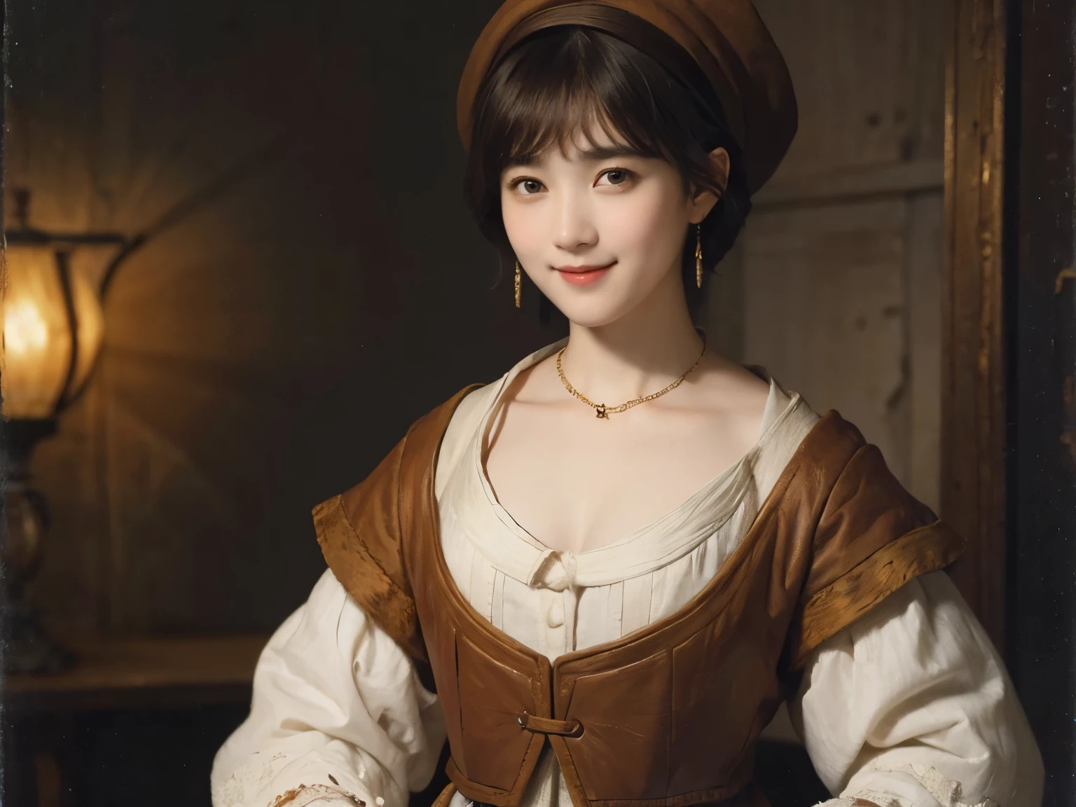 181 short hair, 20 year old female, gentle smile, (rembrandt style painting), (chest:1.2), long sleeve clothes
